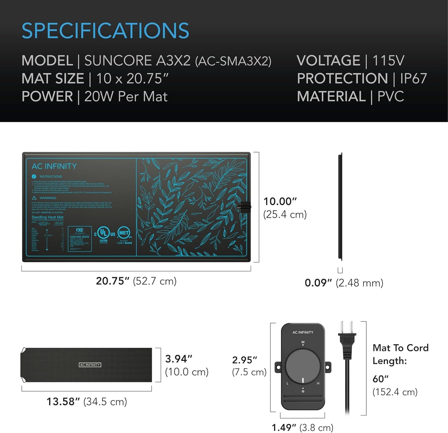 AC Infinity SUNCORE A3X2, Dual Waterproof Seedling Mats with Heat Controllers 10" x 20.75", UL & MET Certified Heating Pads, for Indoor Gardening, Hydroponics, Germination, Cloning