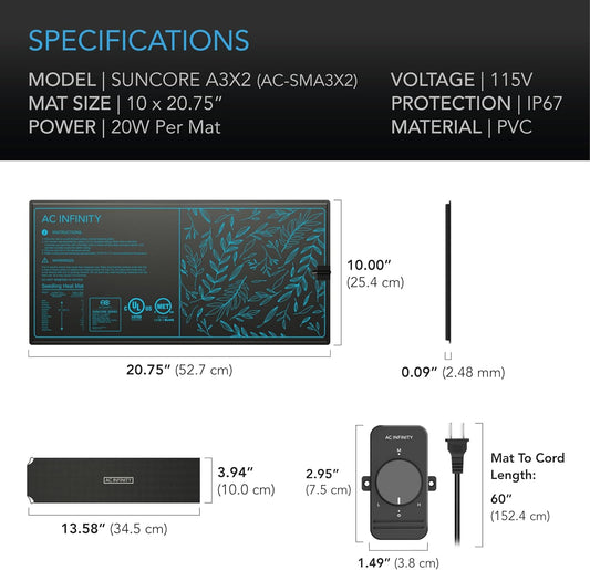 AC Infinity SUNCORE A3X2, Dual Waterproof Seedling Mats with Heat Controllers 10" x 20.75", UL & MET Certified Heating Pads, for Indoor Gardening, Hydroponics, Germination, Cloning