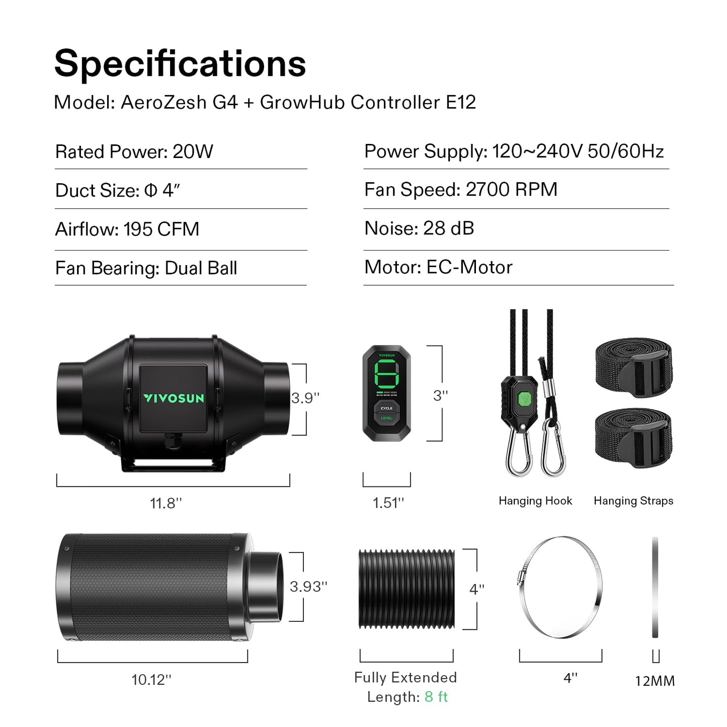 VIVOSUN Smart Air Filtration G4 Kit 4", AeroZesh G4 Inline Duct Fan with E12 Speed Controller, Carbon Filter & 8' Ducting, Cooling & Ventilation System for Grow Tents, Indoor Gardening, Hydroponics