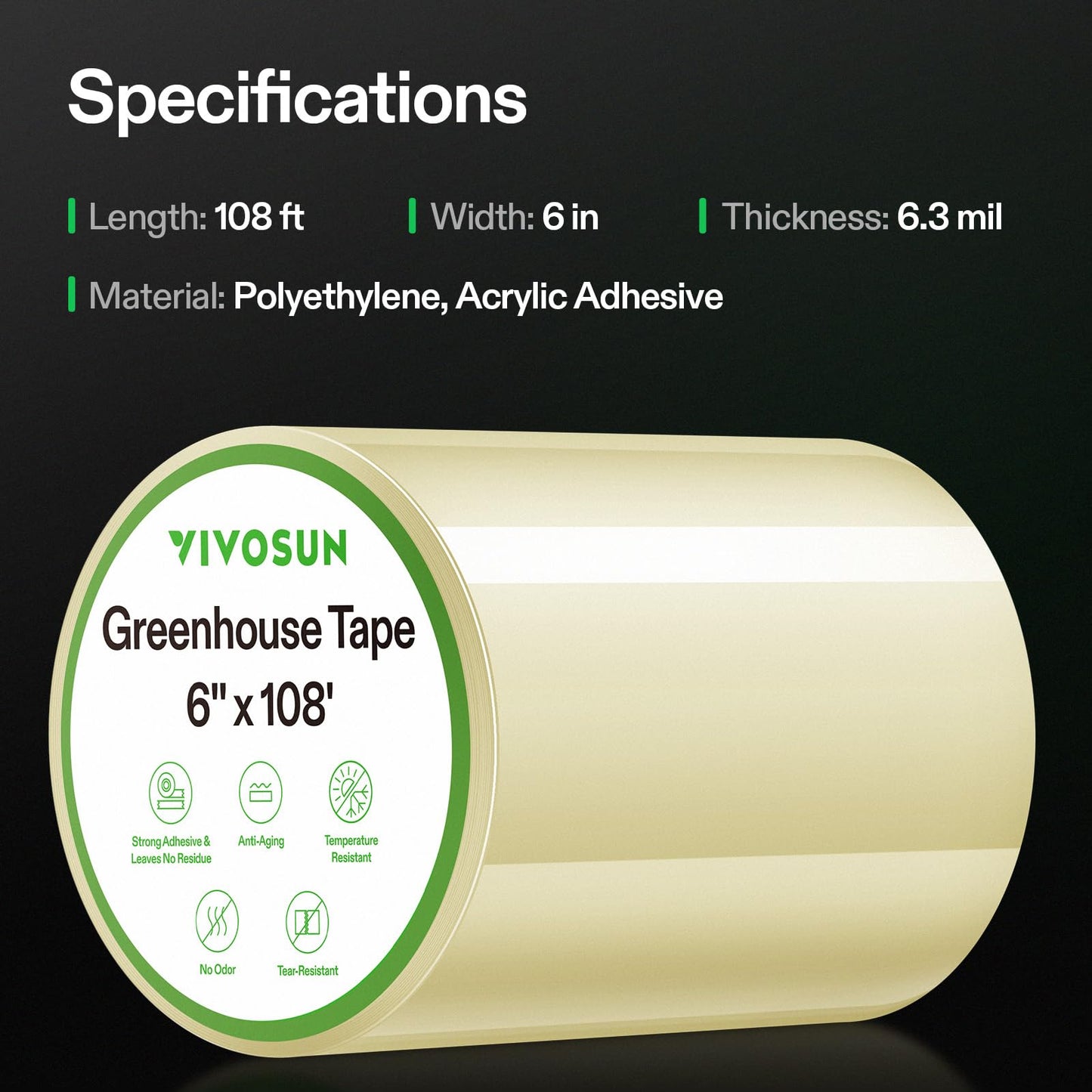 VIVOSUN Greenhouse Repair Tape, 6.3 mil 3" x 108' Weatherproof Clear Poly Patch Tape, Heavy Duty Greenhouse Sheeting Coverings Film Tape for Plastic Sheeting and Tents