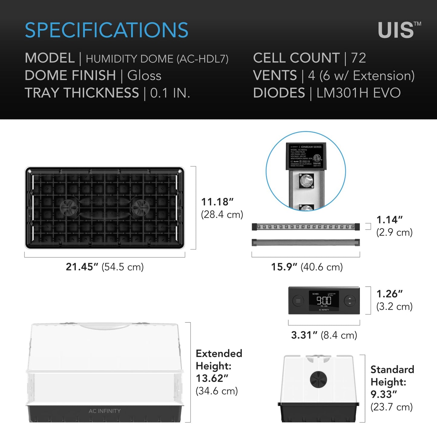 AC Infinity Heavy Duty 3mm Thick Humidity Dome Germination Kit with Waterproof Seedling Mat, Dimmable LED Grow Light Bars, Vented Height Extensions for Indoor Gardening, Seed Starting, Plant Cloning