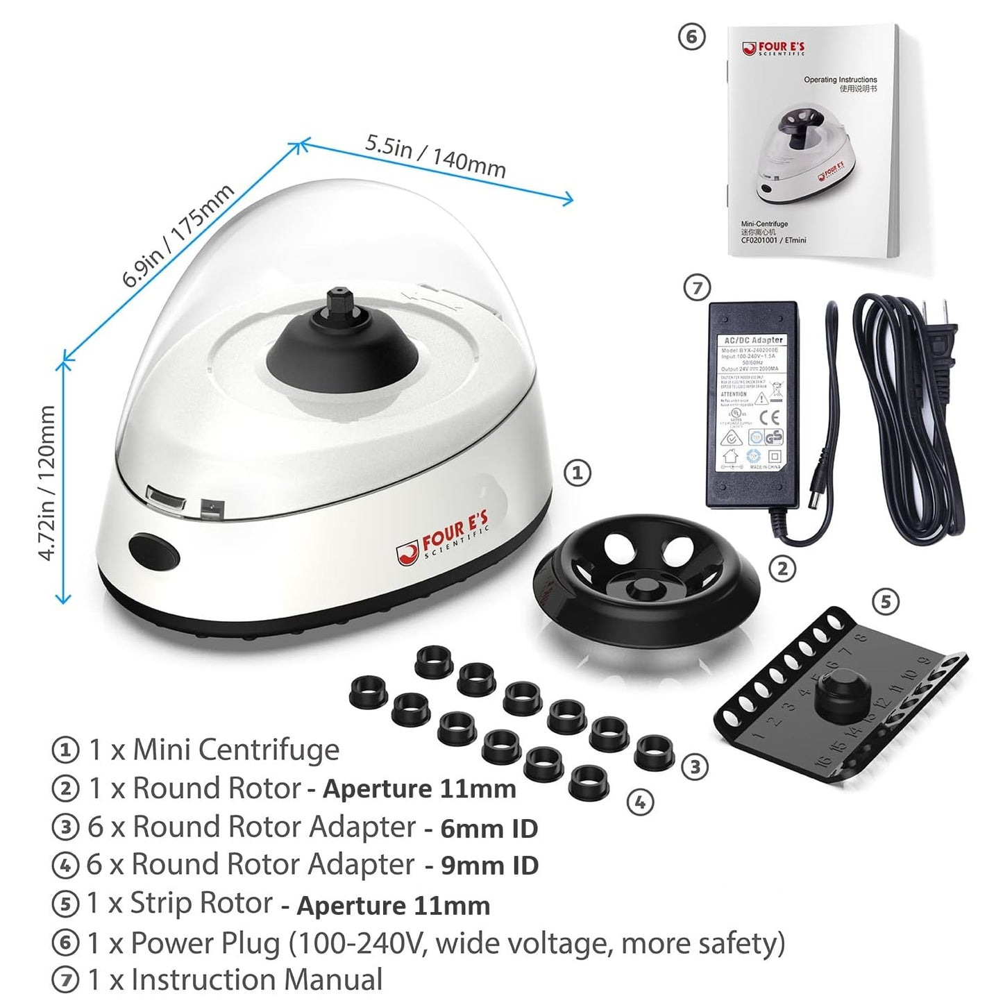 FOUR E'S SCIENTIFIC Mini Centrifuge 5400rpm, 2000 x g RCF with 2 Interchangeable Rotors for 0.2/0.5/1.5/2mL Tube Capacity - NOT for Blood Samples
