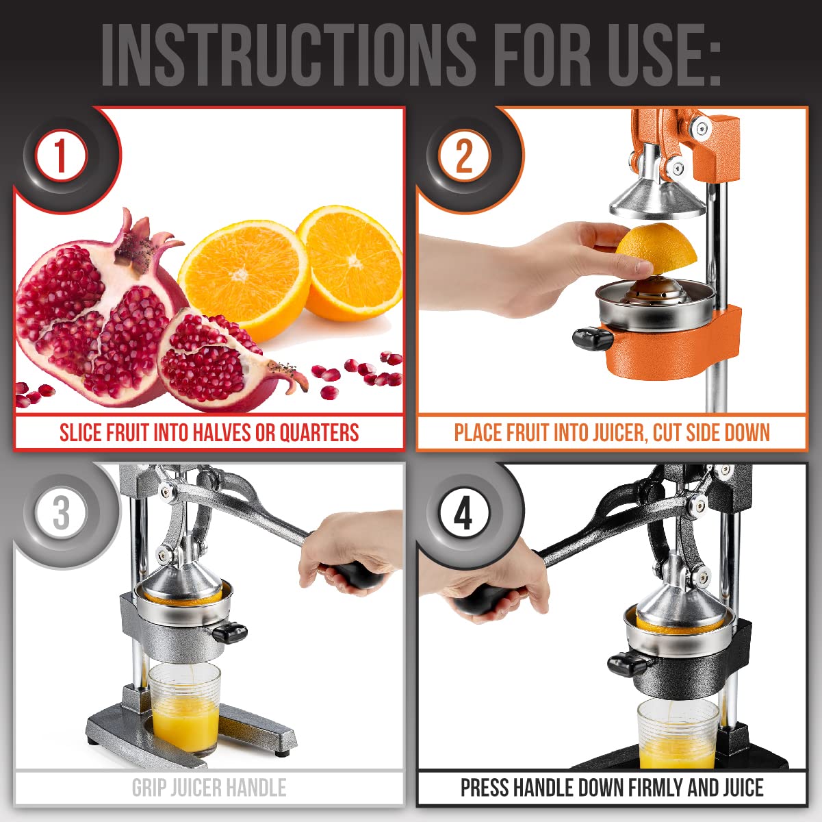 Eurolux Cast Iron Citrus Juicer | Extra-Large Commercial Grade Manual Hand Press | Heavy Duty Countertop Squeezer for Fresh Orange Juice (Bonus Stainless Steel Cup) (Black)