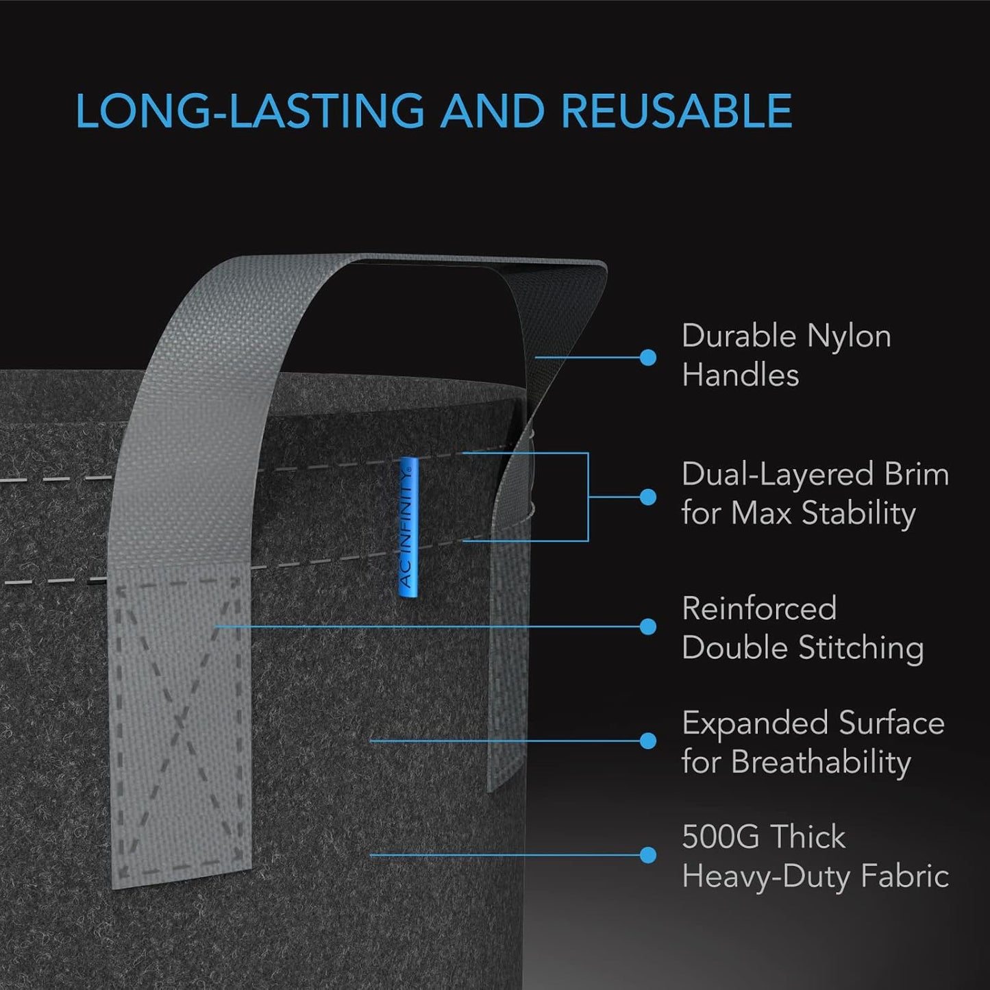 AC Infinity Heavy Duty Fabric Pots, 5 Gallon Aeration Reusable Grow Bags 5-Pack with 500G Thick Nonwoven Fabric and Multi-Purpose Rings, for Low Stress Plant Training Fruits, Vegetables, and Flowers