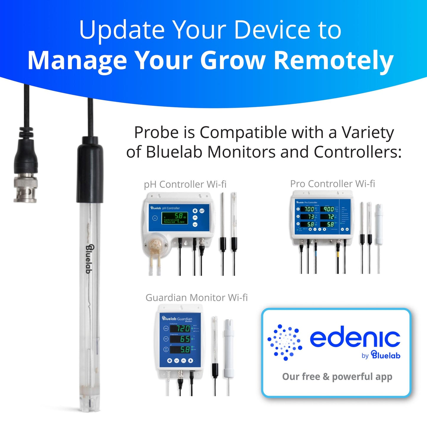 Bluelab PROBPH pH Probe for Water, Replacement Electrode for Meter, Monitor, and Controller with Easy Calibration, Tool for Hydroponic System and Indoor Plant Grow