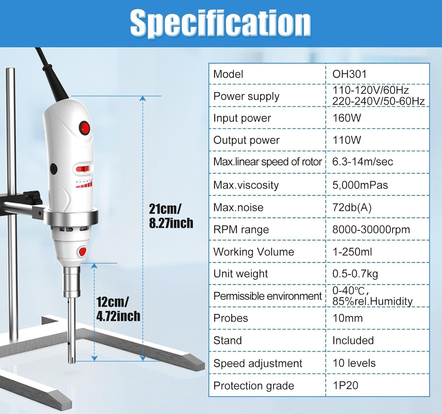 FOUR E'S SCIENTIFIC Lab Homogenizer 8000-30000rpm with Stand, High-Speed Handheld Homogenizer Emulsifier with 10mm 316L Stainless Steel Probe 1mL-250mL