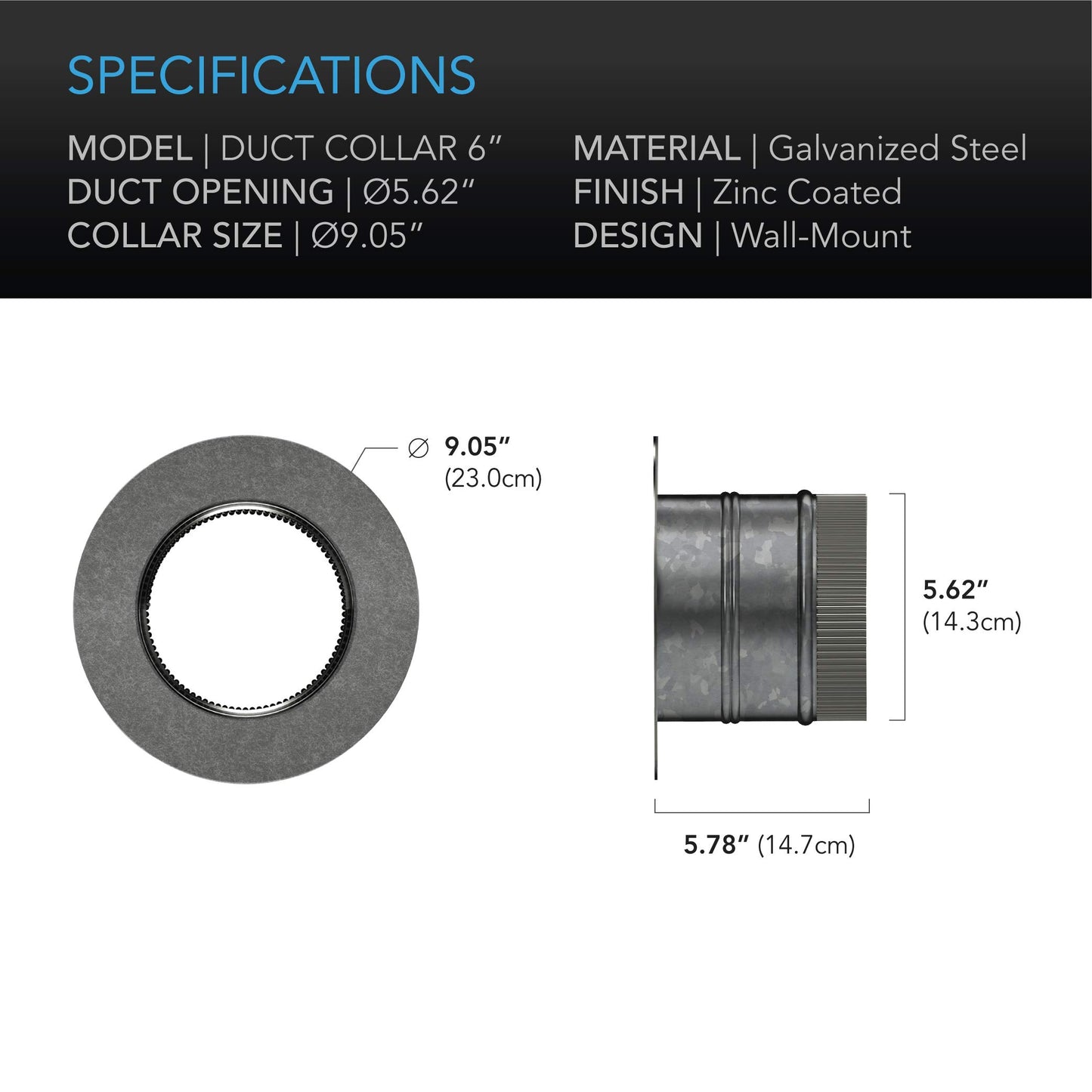 AC Infinity 6" Ducting Take-Off Collar, Galvanized Steel Inlet Flange Starter Collar for 6” Ducting with Dryers and Range Hoods