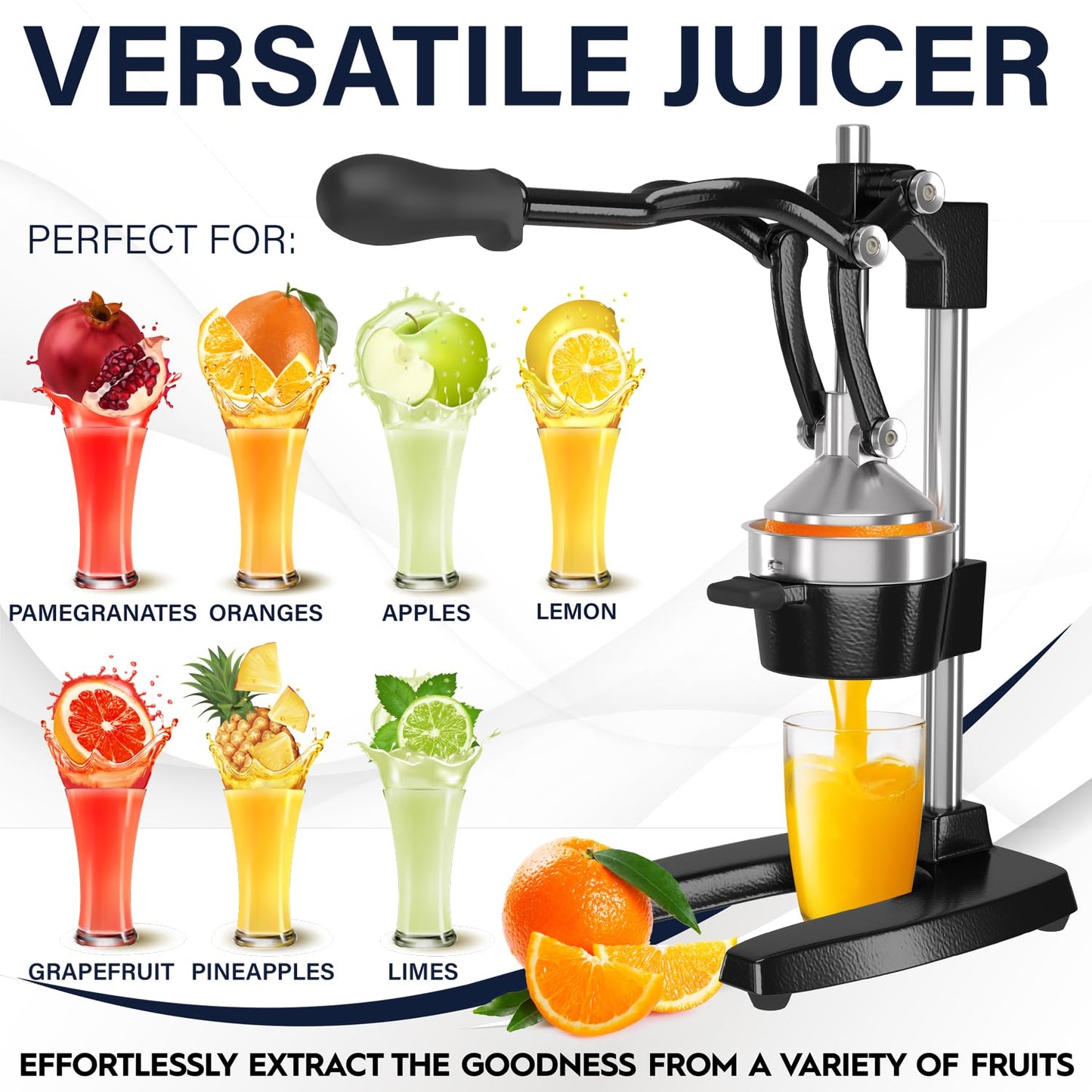 Eurolux Cast Iron Citrus Juicer | Extra-Large Commercial Grade Manual Hand Press | Heavy Duty Countertop Squeezer for Fresh Orange Juice (Bonus Stainless Steel Cup) (Black)