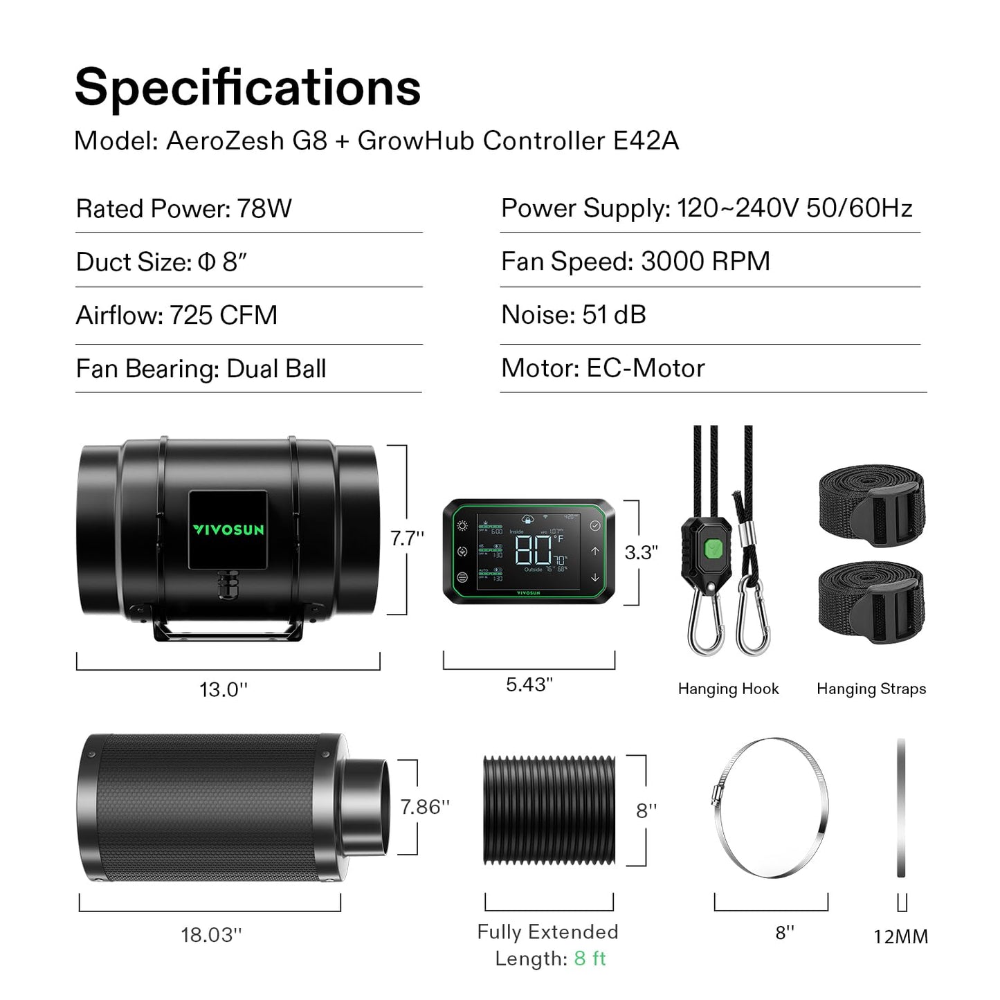 VIVOSUN Smart Air Filtration PRO T6 Kit 6", AeroZesh T6 Inline Duct Fan w/GrowHub E42A Temp. Humidity WiFi-Controller, Carbon Filter & Ducting, Cooling & Ventilation System for Grow Tent, Hydroponics