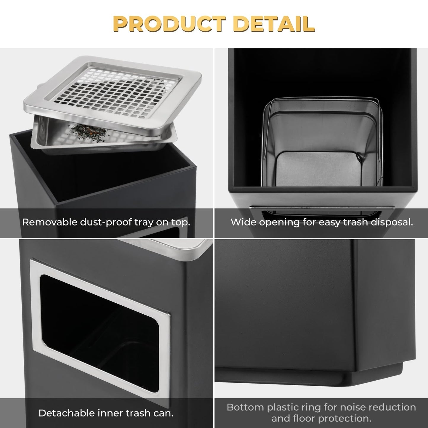 Trash Can Outdoor Waste Container Square Stainless Steel Trash Can with Removable Inner Bucket for Disposal Commercial Waste Container 9.45‘’ x 9.45‘’ x 24.02‘’-Black