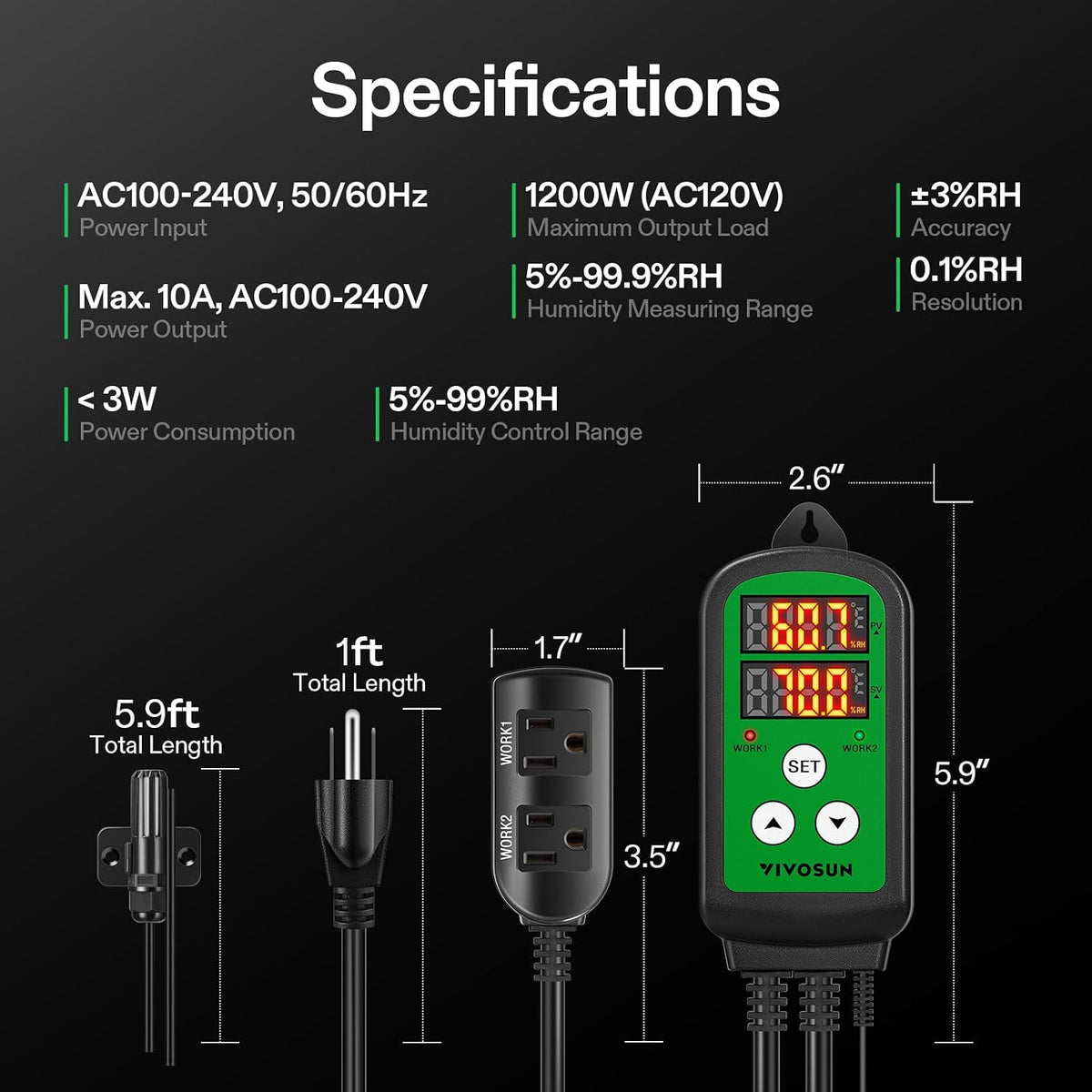 VIVOSUN Humidity Controller, 1200W Dual-Stage Outlet, Pre-Wired Digital Humidistat with Dual LED Displays for Humidifier/Dehumidifier/Fan, Ideal for Greenhouse, Grow Tent, Home-Brewing, Mushroom
