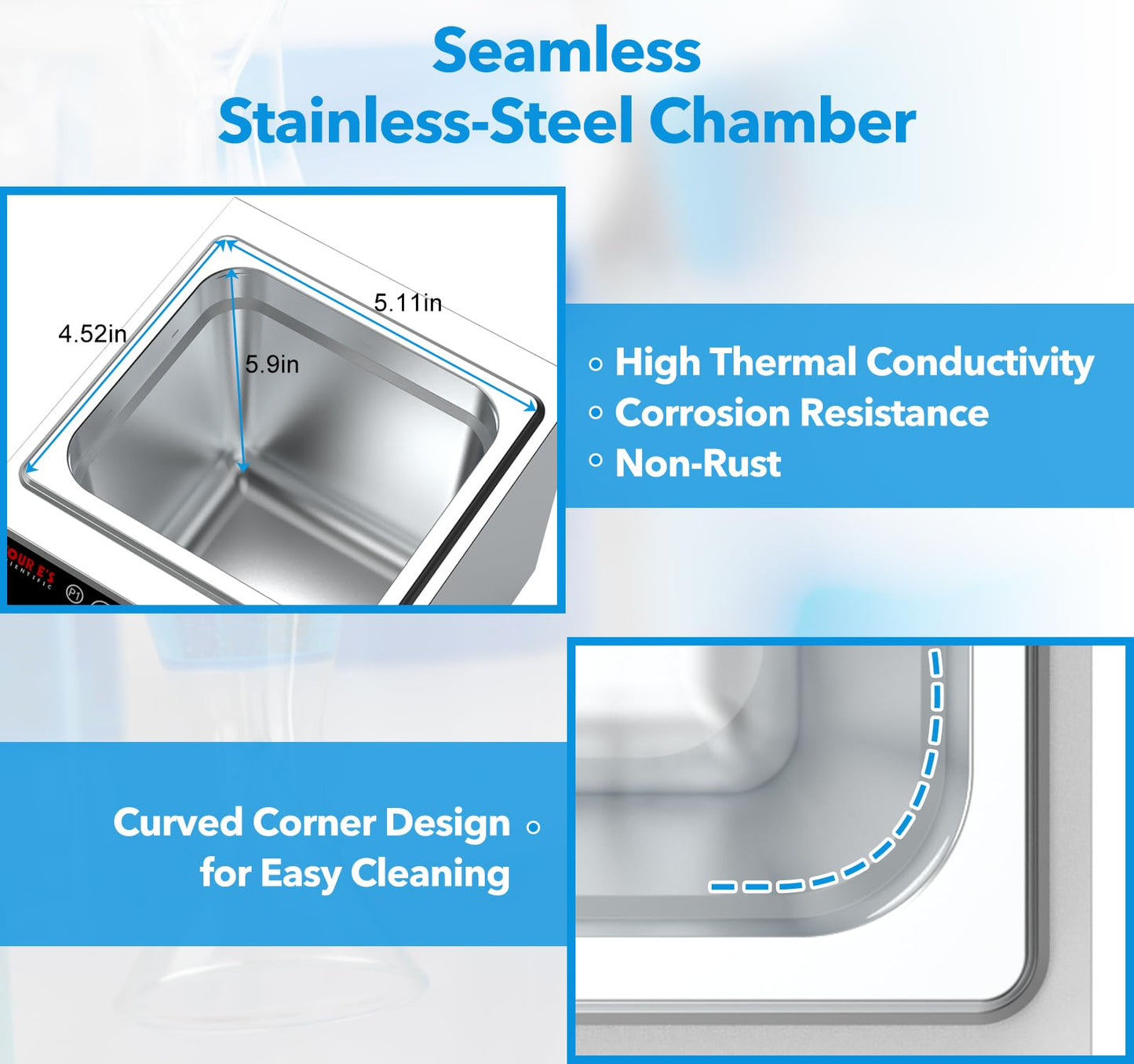 FOUR E'S SCIENTIFIC Lab Water Bath 5L, Digital Thermostatic Water Bath Heater, RT+5°C to 99°C, Precise Temperature Control, 2 Stainless Steel Chambers, LED Display