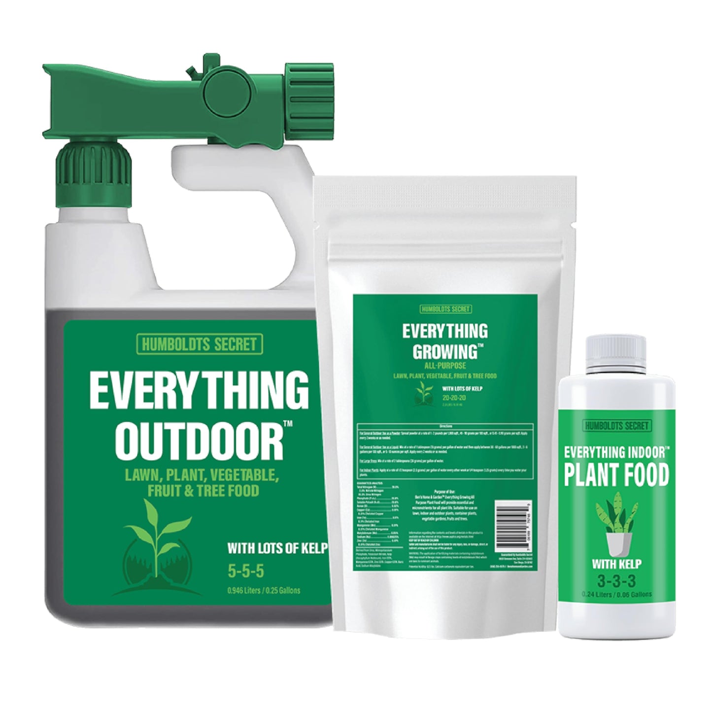 Humboldts Secret Everything Kit 3-in-1 NPK Nitrogen Phosphorus Potassium with Kelp - Everything Indoor Plant Food 3-3-3, Everything Outdoor 5-5-5, and Everything Growing 20-20-20 (The Everything Kit)