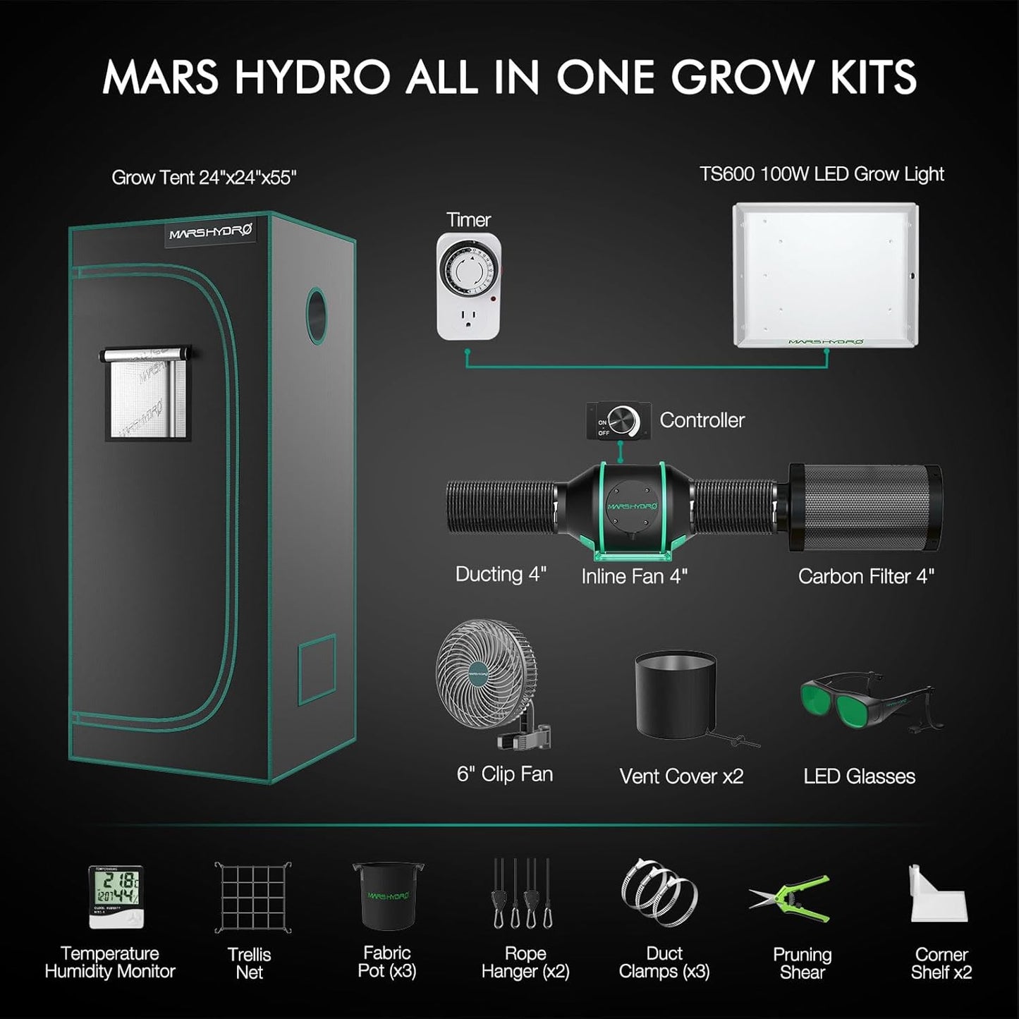 MARS HYDRO 2x2 Grow Tent Kit Complete System with Auto Drip Irrigation Kits ，10 Speed Clip Fan,100W TS600 LED Full Spectrum Grow Light,24"x24"x55" 1680D High Reflective Mylar Grow Tent,4 inch 205 CFM
