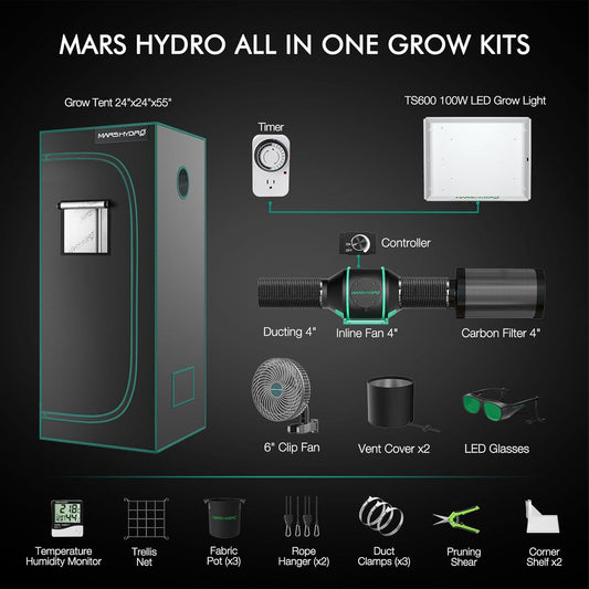MARS HYDRO 2x2 Grow Tent Kit Complete System with Auto Drip Irrigation Kits ，10 Speed Clip Fan,100W TS600 LED Full Spectrum Grow Light,24"x24"x55" 1680D High Reflective Mylar Grow Tent,4 inch 205 CFM