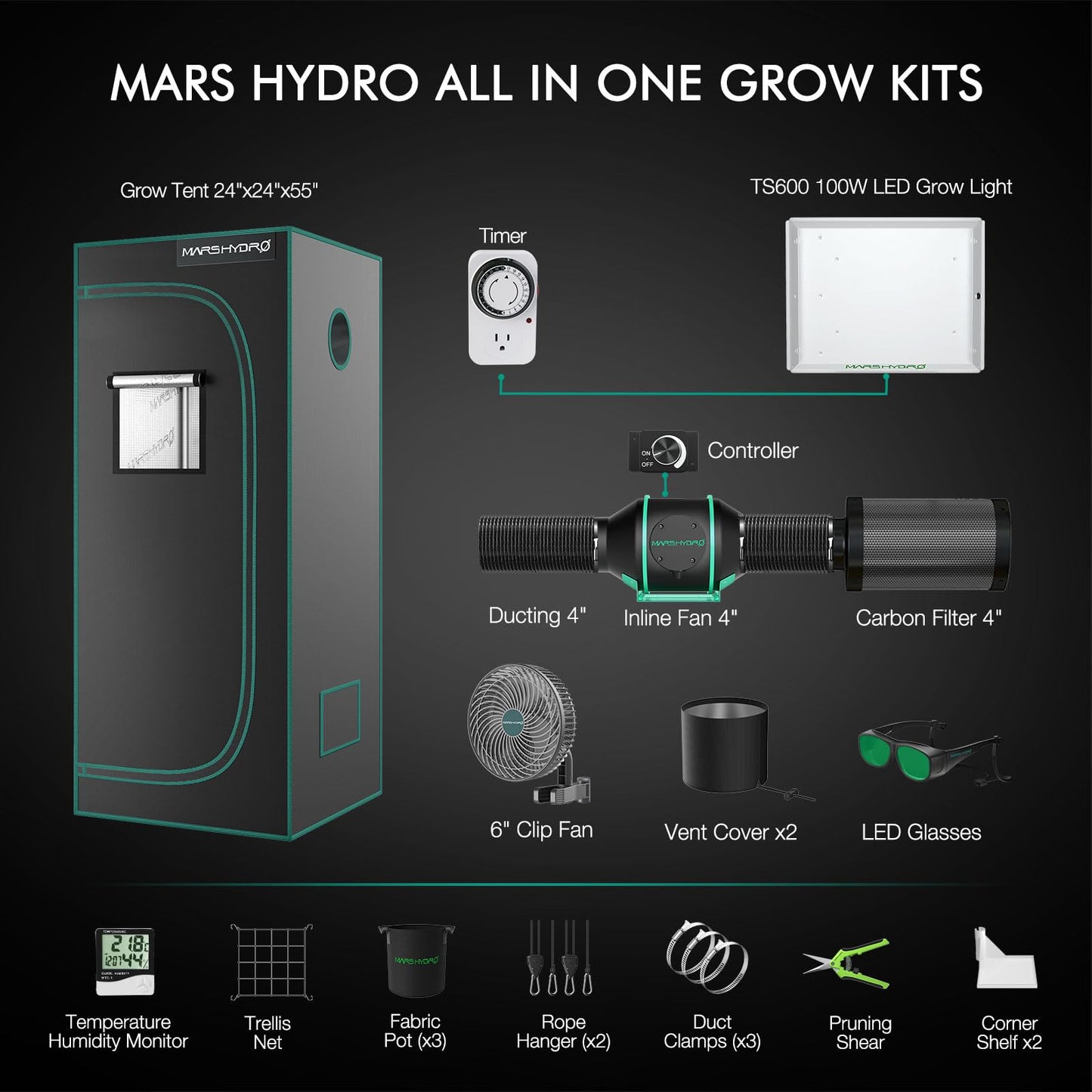 MARS HYDRO 4x4 Smart Grow Tent Kit Complete System,480W FC-E4800 APP WIFI Control Light 2646pcs LED,1680D High Reflective Mylar,with 6inch 32dB,402CFM Adjustable Ventilation Kit,10 Speed Grow Tent Fan