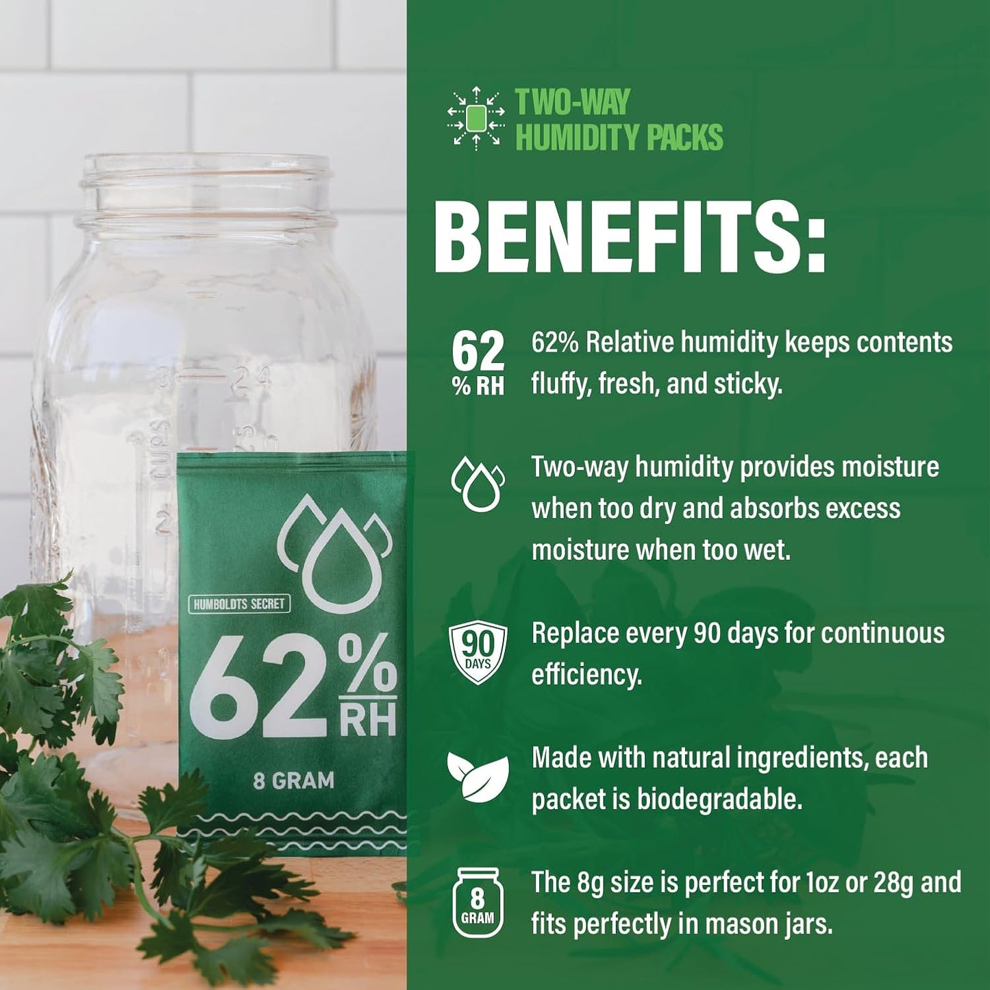 Humboldts Secret 62% Humidity Packs RH 2-Way | Moisture Control Packets for Herbs, Spices, and Cigars with Resealable Bag | Natural Two Way Humidity Control for Fresh Storage | Pack of 10