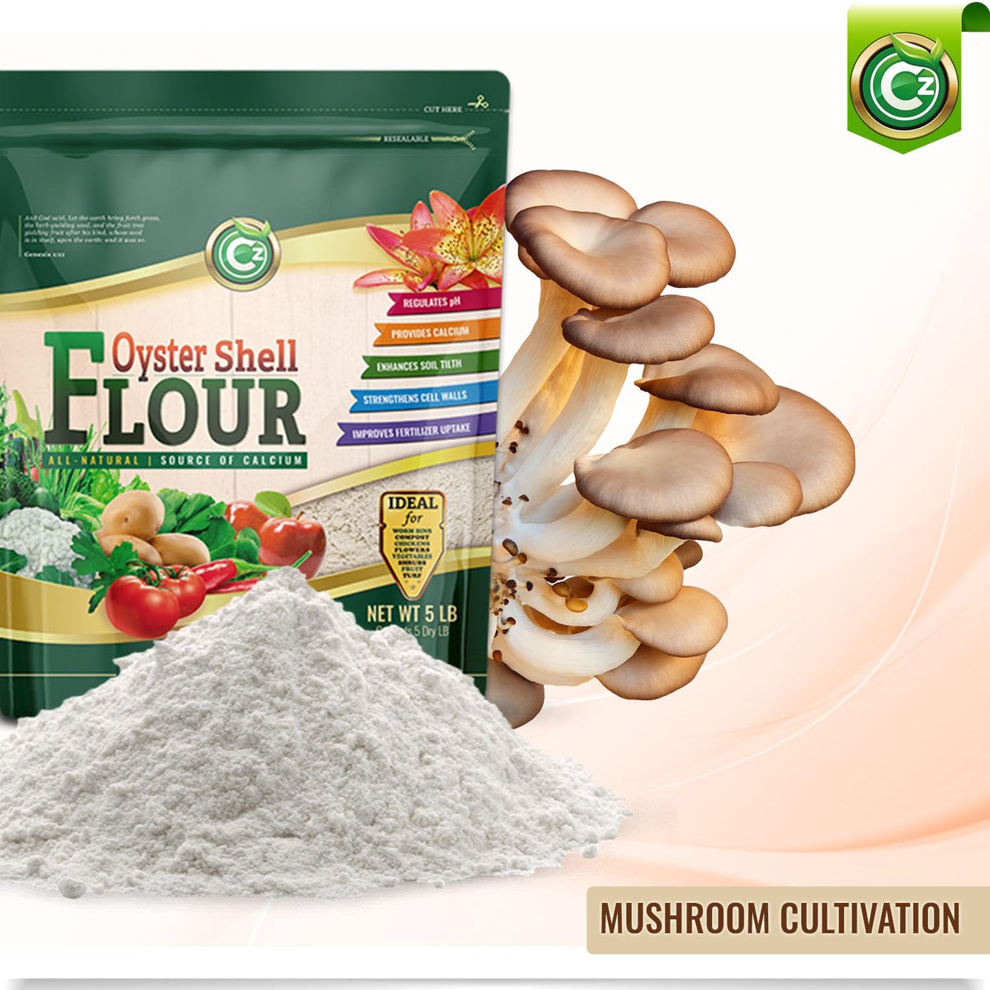 Oyster Shell Flour 5LB – Made in USA Soil Amendment Fertilizer for Indoor/Outdoor Plants & Gardens. High Calcium Supplement for Chickens, Reptiles, Worm Compost Bins, Mushroom Cultivation. OMRI Listed