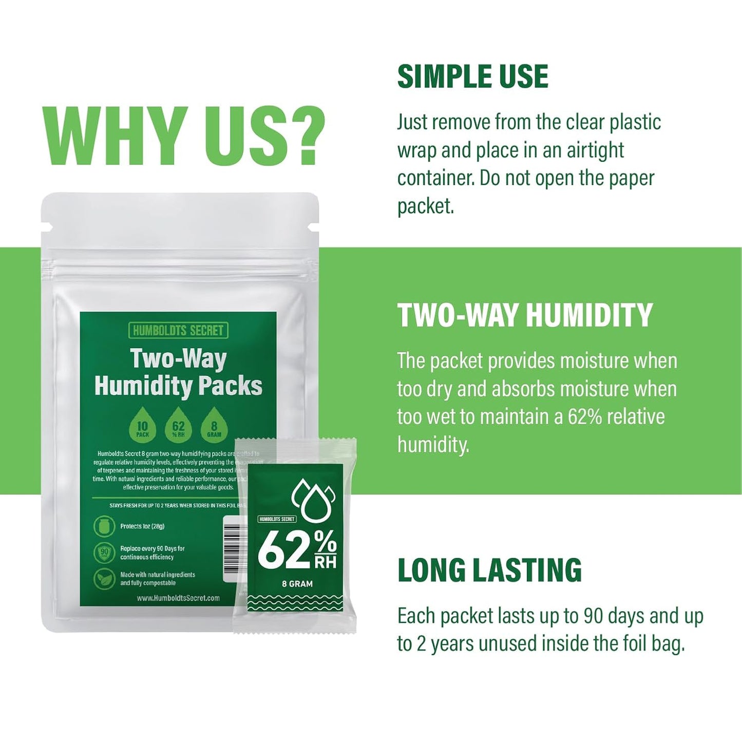 Humboldts Secret 62% Humidity Packs RH 2-Way | Moisture Control Packets for Herbs, Spices, and Cigars with Resealable Bag | Natural Two Way Humidity Control for Fresh Storage | Pack of 10