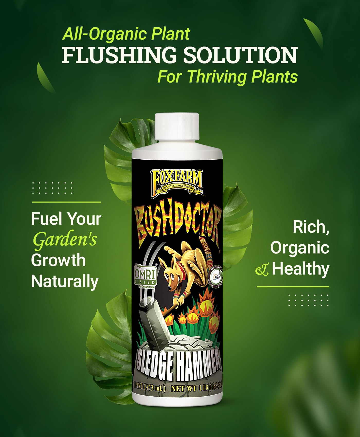 FoxFarm BushDoctor Sledgehammer - Rinse Formula with Yucca Saponin, Clears Fertilizer Buildup, Enhances Root Moisture Absorption - Perfect for Hydroponic and Soil Application (Quart)