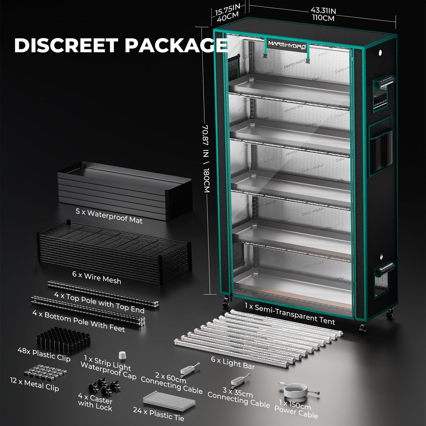 MARS HYDRO 2025 Plant Stand with Grow Lights,4-Tier Plant Shelf with 6 Full Spectrum LED Lamps (150W, 3ft) & Grow Tent | for Vegetables, Seedlings, Plant Growth | 5000K, 37×14×59''