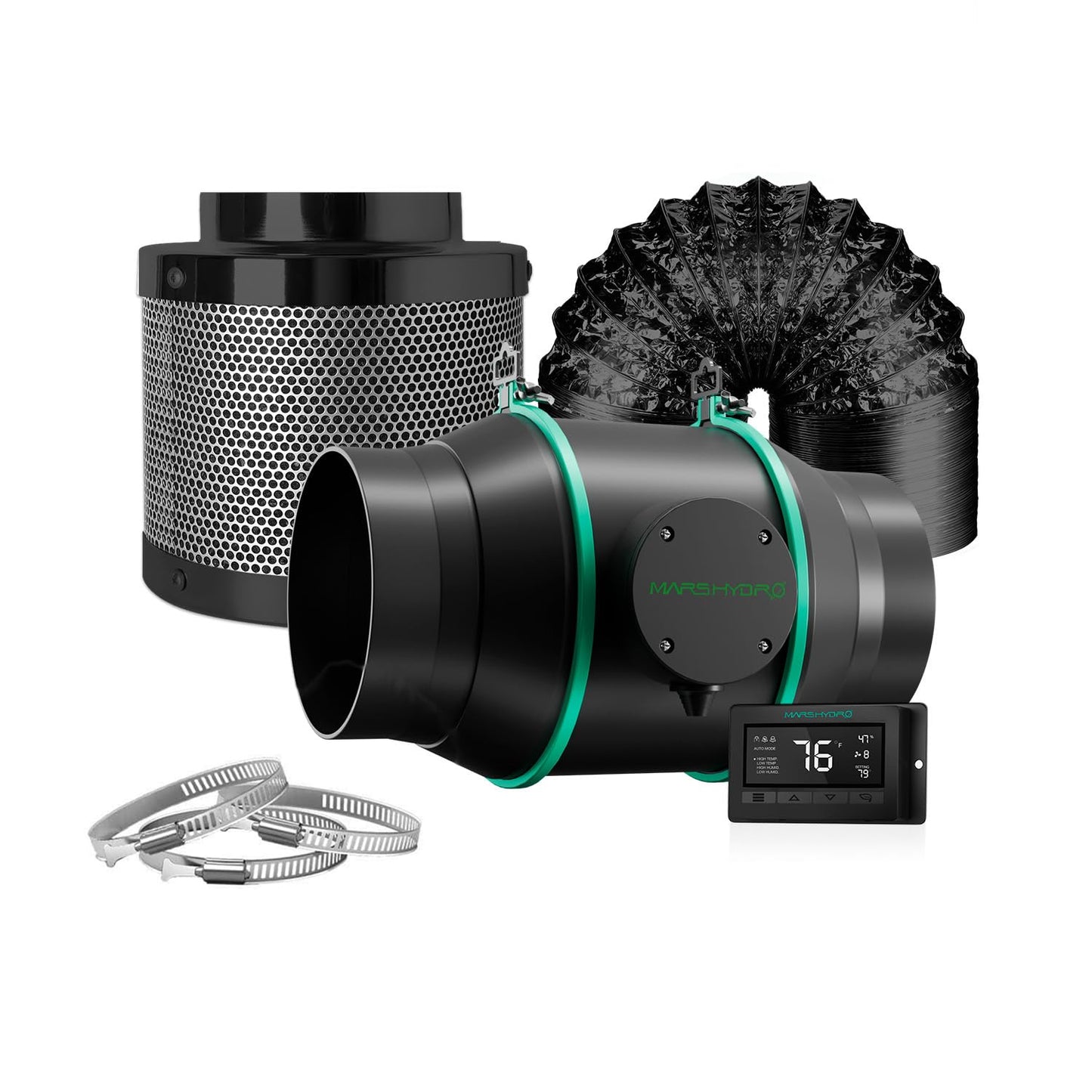 MARS HYDRO 4 Inch Inline Fan and Filter, with Temperature and Humidity Controller, and 25 Feet Ducting, Exhaust Fan for Grow Tents, Hydroponics