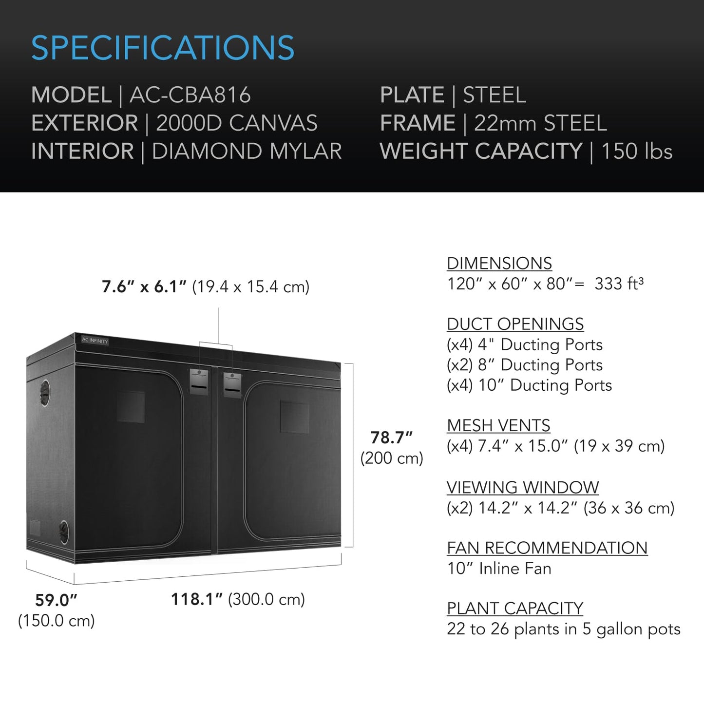 AC Infinity CLOUDLAB 816 Advance Grow Tent, 120"x60"x80" Thickest 1 in. Poles, Highest Density 2000D Diamond Mylar Canvas, 10x5 for Hydroponics Indoor Growing