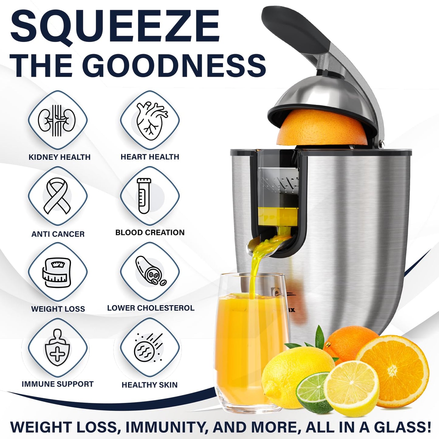 Eurolux Premium Electric Orange Juicer | Stainless Steel Citrus Squeezer With New Ultra-Powerful Motor and Soft Grip Handle for Effortless Juicing, Auto Shutoff, Dishwasher-safe Parts, Pulp Control