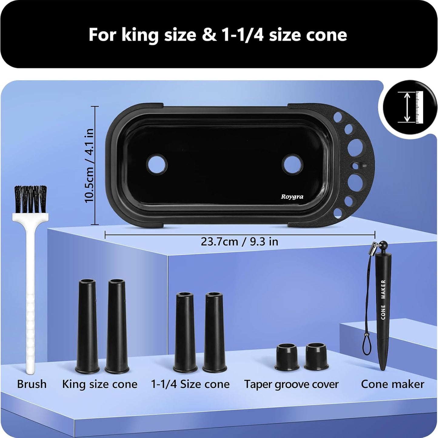 roygra Foldable Rolling Tray with Cone Loader for King or 1-1/4 Size Pre Rolled Cones - 9 x 4 inch (Black)