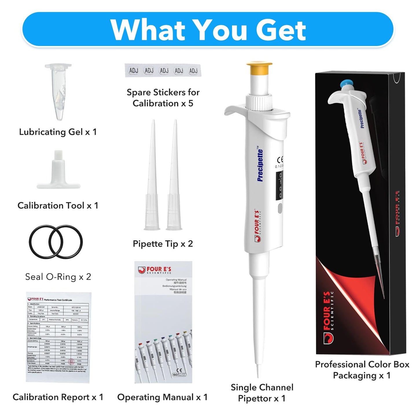FOUR E'S SCIENTIFIC 20-200μL Pipette, Professional Single-Channel Pipettor Lightweight High Accurate Adjustable Variable Volume Micro Pipette with Calibration Certificate (Model LH0301006)