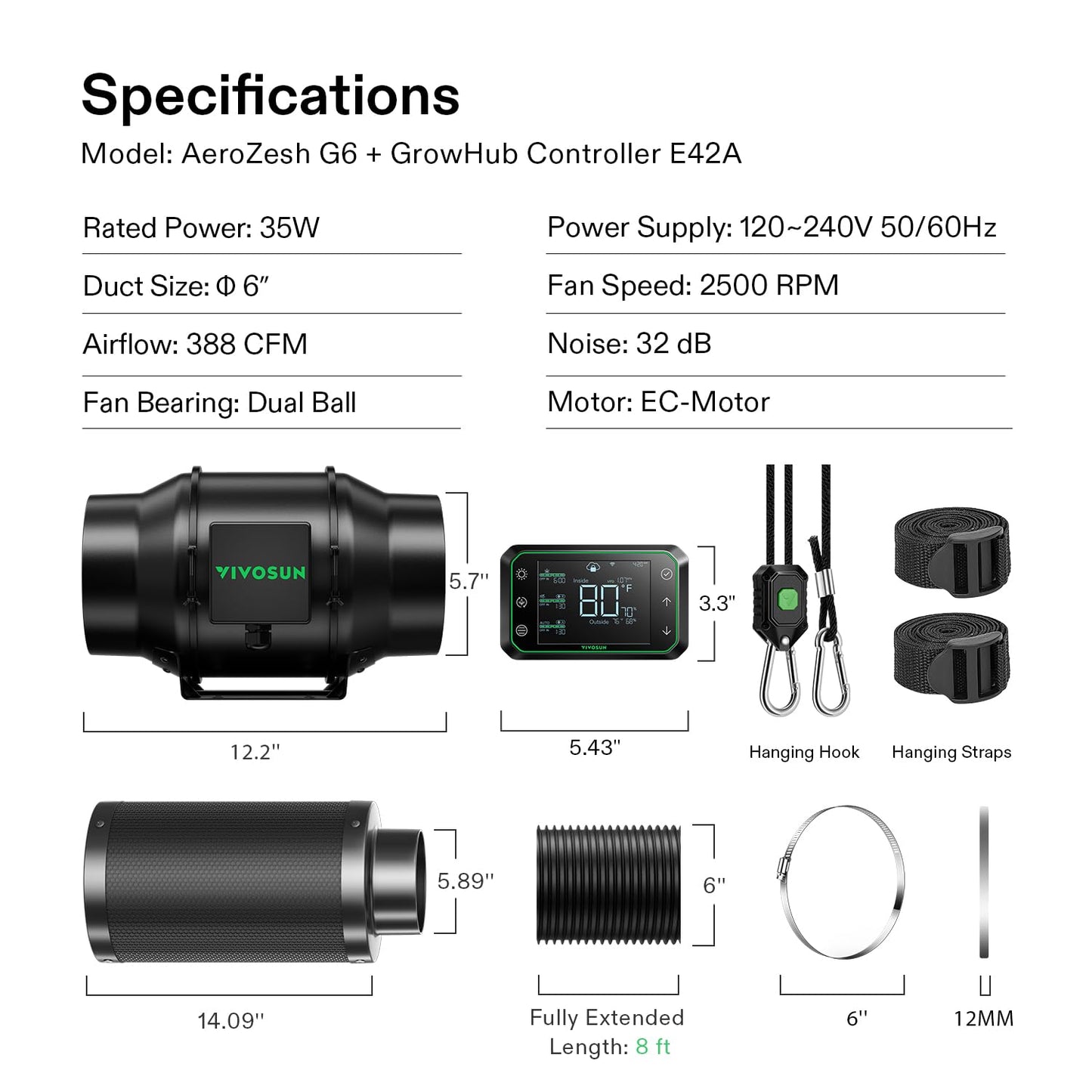VIVOSUN Smart Air Filtration PRO T6 Kit 6", AeroZesh T6 Inline Duct Fan w/GrowHub E42A Temp. Humidity WiFi-Controller, Carbon Filter & Ducting, Cooling & Ventilation System for Grow Tent, Hydroponics