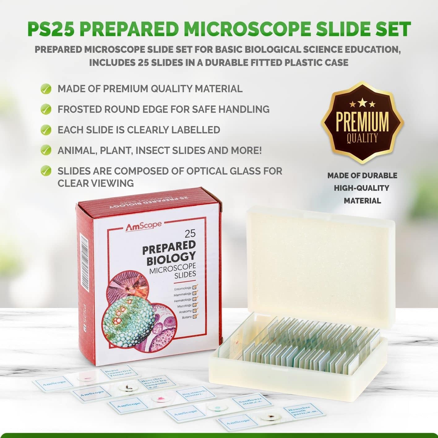 AmScope PS25 Prepared Microscope Slide Set for Basic Biological Science Education, 25 Slides, Includes Fitted Wooden Case Brown