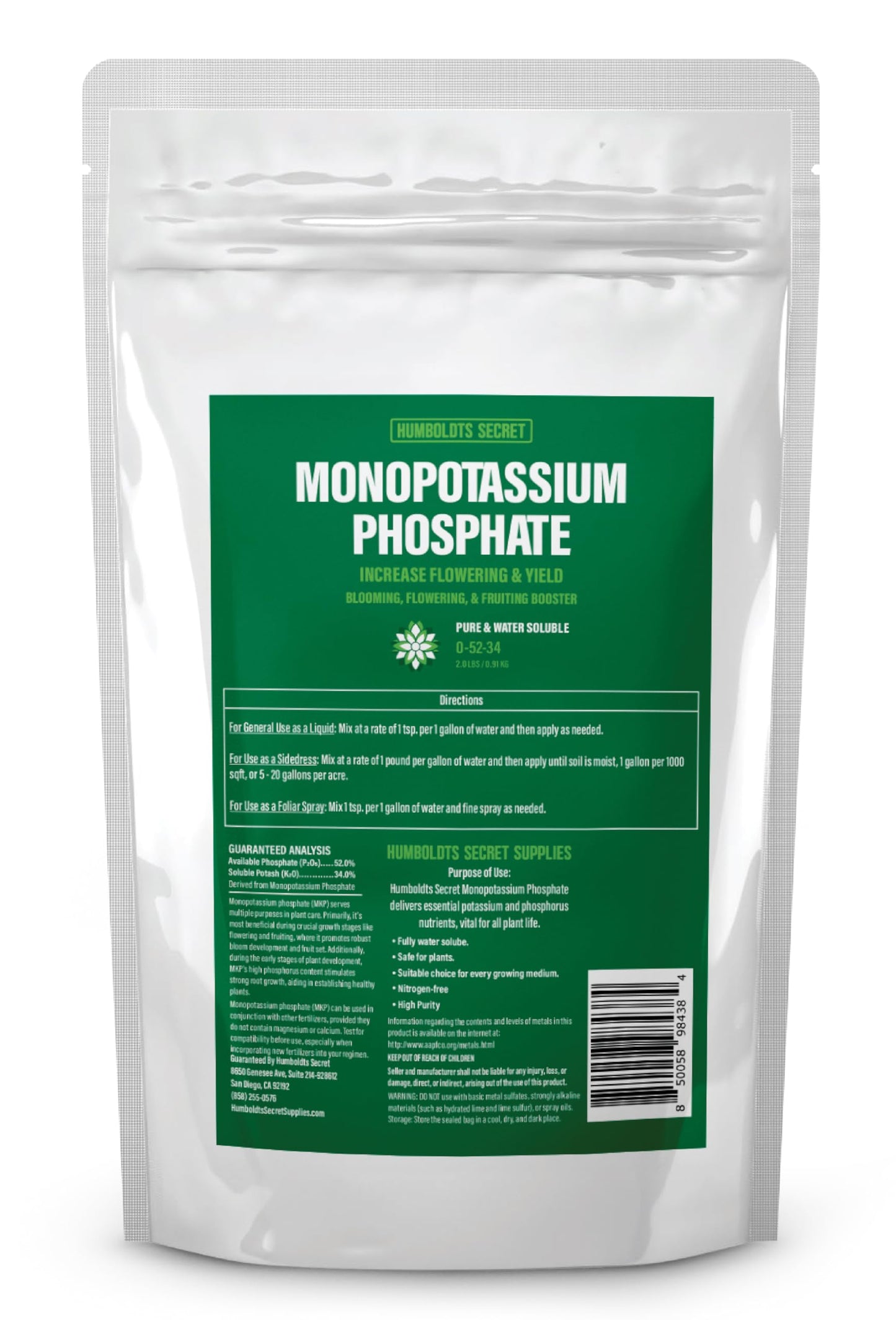 Humboldts Secret Monopotassium Phosphate 0-52-34 | MKP Fertilizer Bloom Booster for Flowers, Fruits & Vegetables | High Purity Water Soluble Phosphorus and Potassium Plant Food | 2 lb