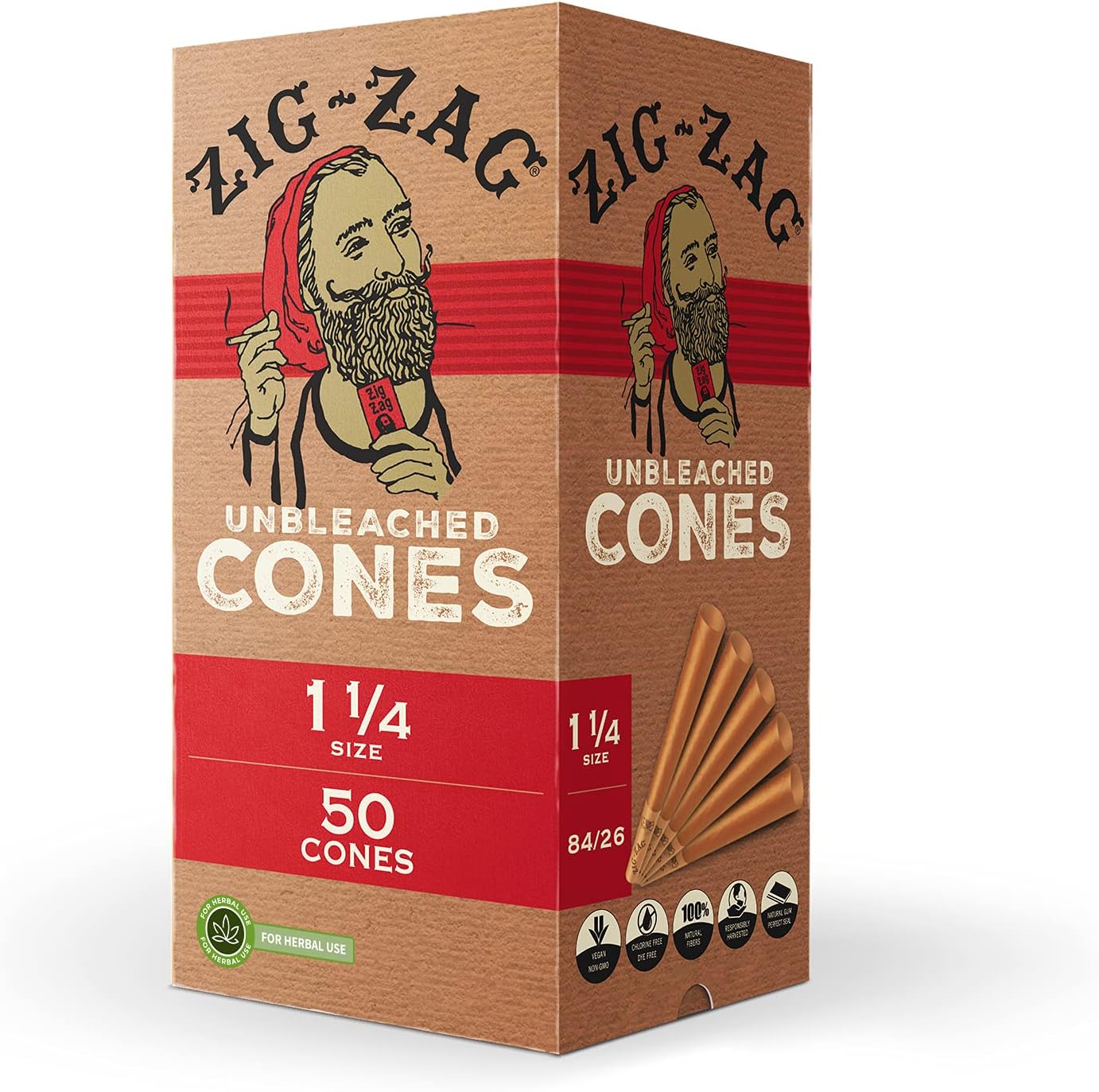 ZIG-ZAG 1 ¼ Pre Rolled Natural Unbleached Cones with Tips - Prerolled Rolling Paper Cone 50 Pack, King Size Unbleached Cones - 50 Pack, Small Vintage Rolling Tray