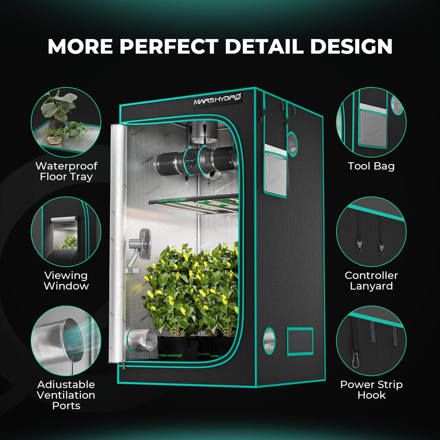 MARS HYDRO 2x2 Advanced Grow Tent, 24"x24"x55" High Reflective Mylar 1680D for Hydroponics Indoor Plant Growing, with Observation Window,Floor Tray and Smooth Zipper for TS600/TS1000
