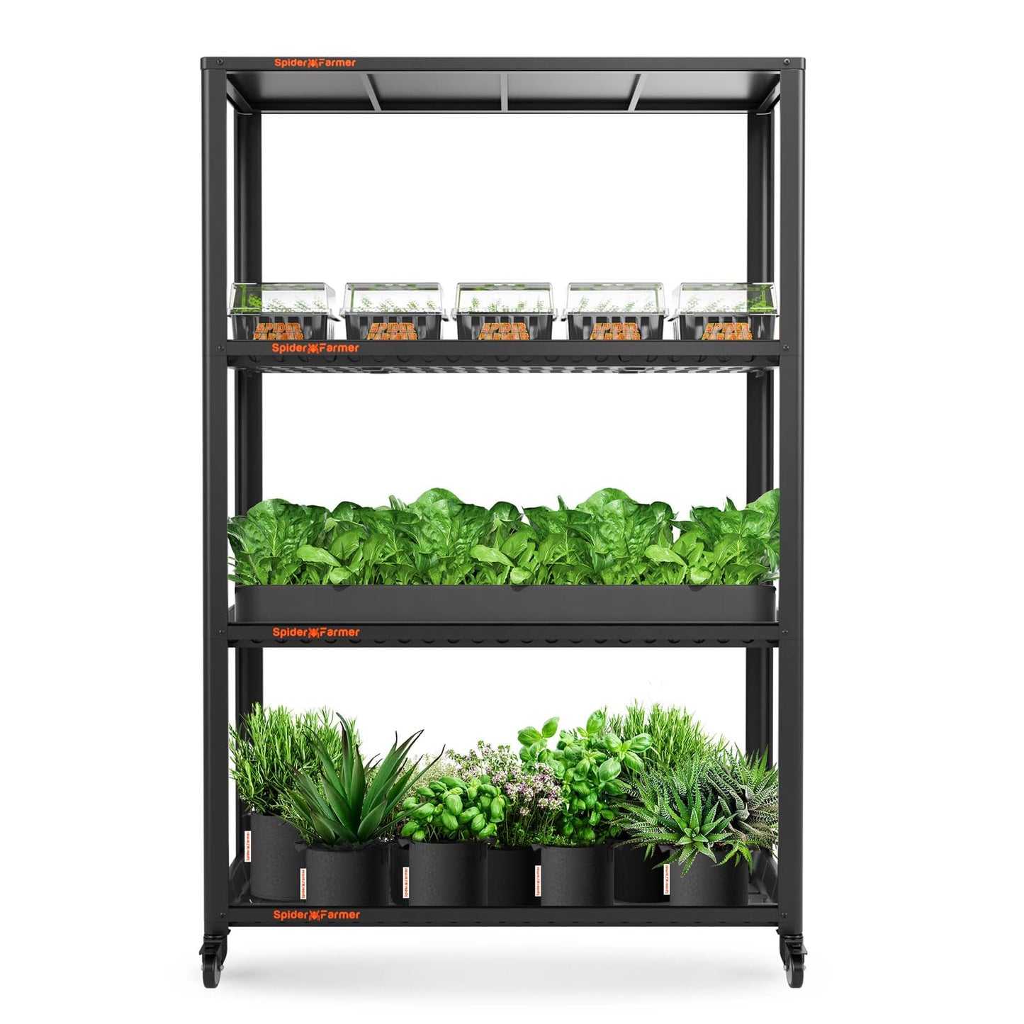 Spider Farmer Plant Stand 3 Tier Heavy-Duty Metal SF600 Plant Shelf With Waterproof Trays and Lockable Wheels For Flower Pot Display Easy Assembly Rack Black Indoor Outdoor 46Lx15Dx70H