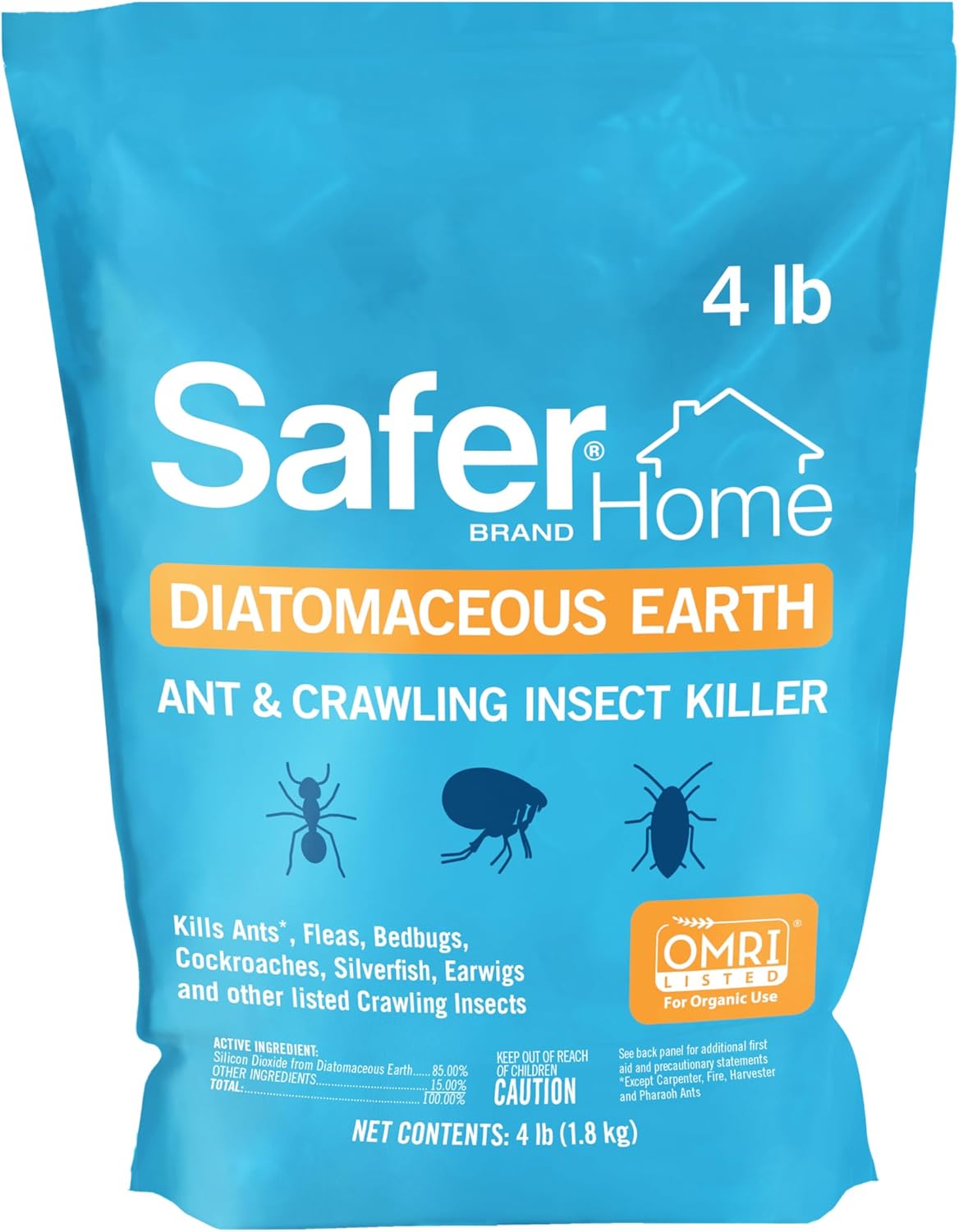 Safer Home Diatomaceous Earth 4 lb Organic OMRI DE - Ant, Roach, Bedbug, Flea, Silverfish, Earwig, & Crawling Insect Killer SH51703