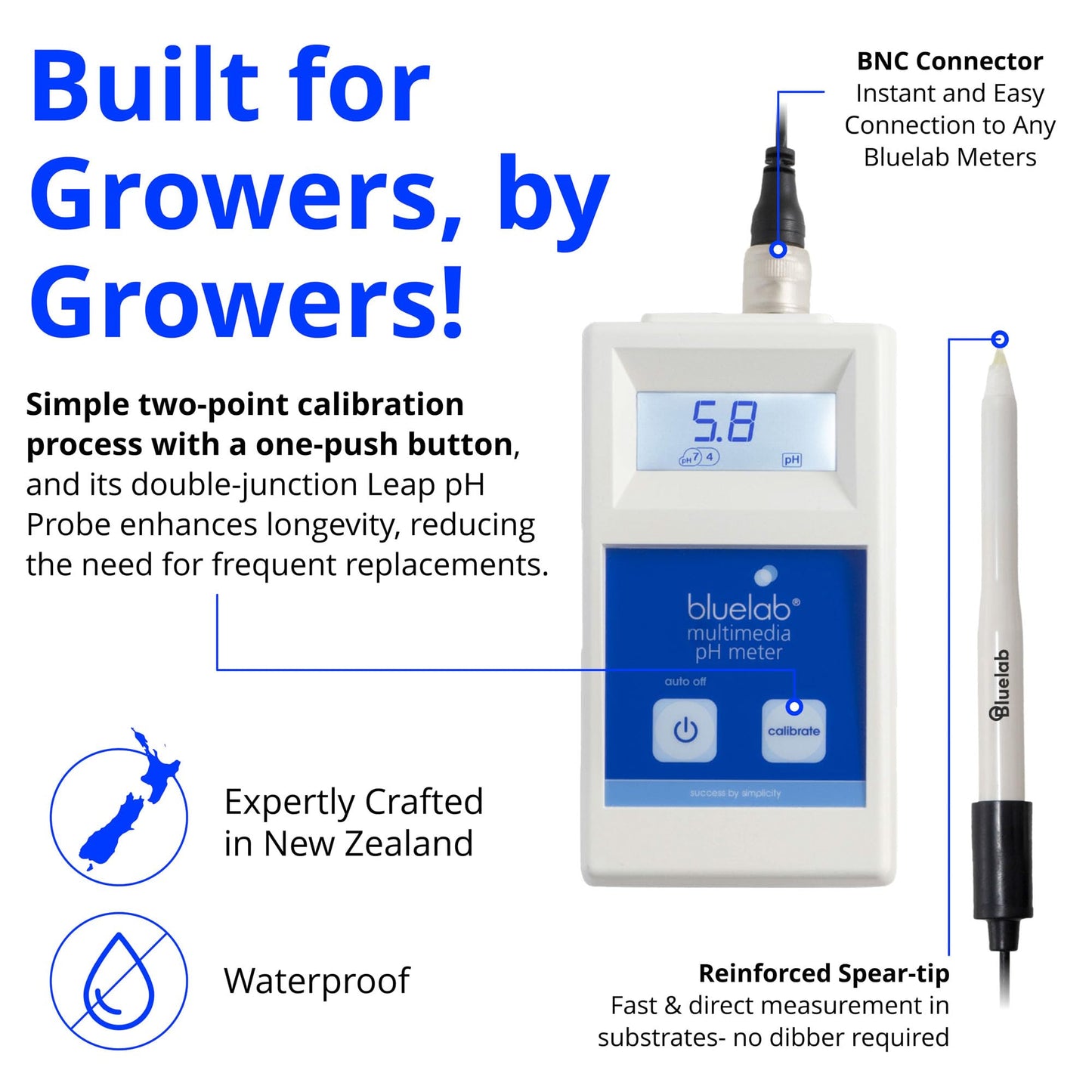 Bluelab Combo Meter for pH, Temperature & Conductivity in Water - Easy Calibration, Digital EC/TDS/PPM Tester for Hydroponics & Indoor Plants (METCOM)