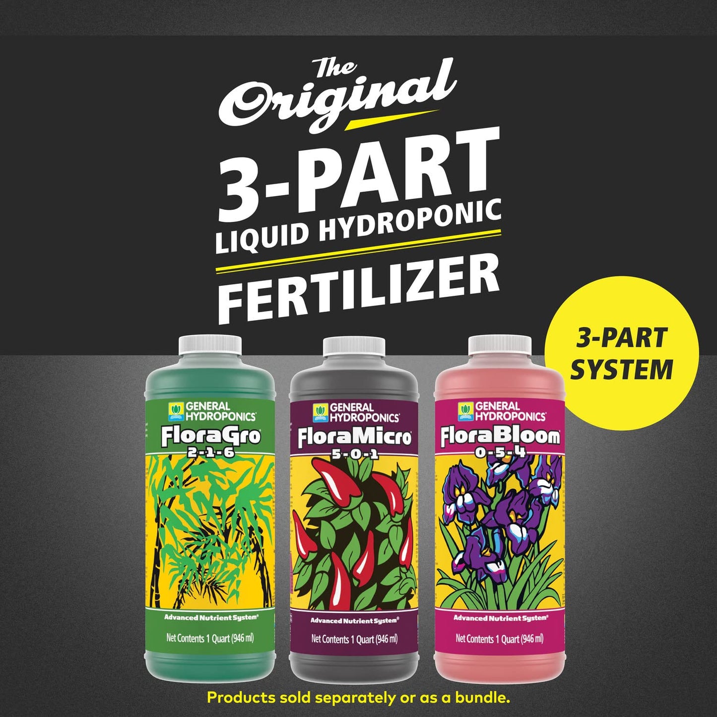 General Hydroponics FloraSeries Hydroponic Nutrient Fertilizer System with FloraMicro, FloraBloom and FloraGro, 1 pt.