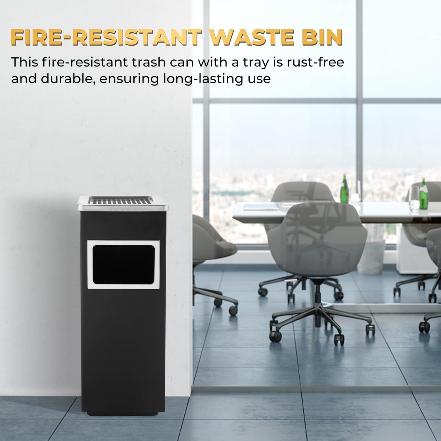 Trash Can Outdoor Waste Container Square Stainless Steel Trash Can with Removable Inner Bucket for Disposal Commercial Waste Container 9.45‘’ x 9.45‘’ x 24.02‘’-Black