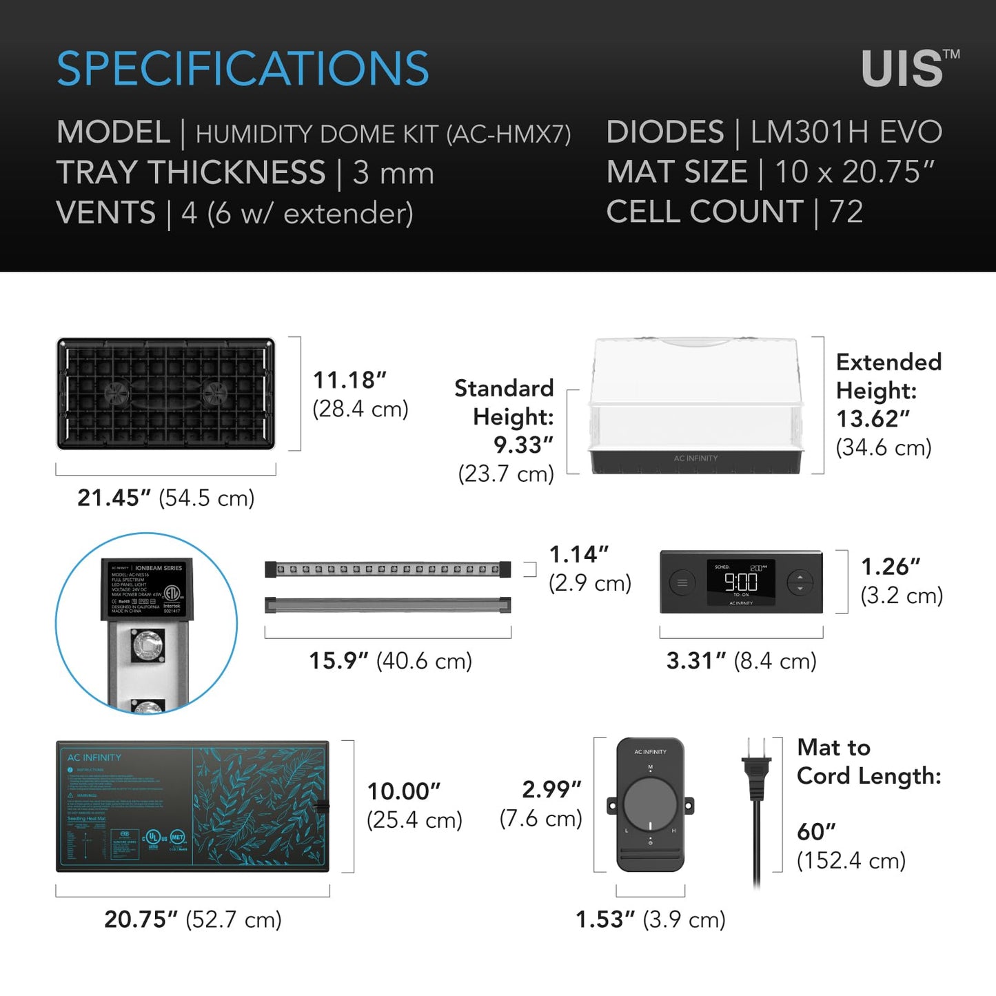AC Infinity Humidity Dome, Heavy-Duty Germination Kit with 3 mm Thickest Dome, Sturdy Drip Tray, 5x8 Cell Seedling Tray, Vented Height Extension Panels, for Seed Starting, Propagation, Cloning Plants