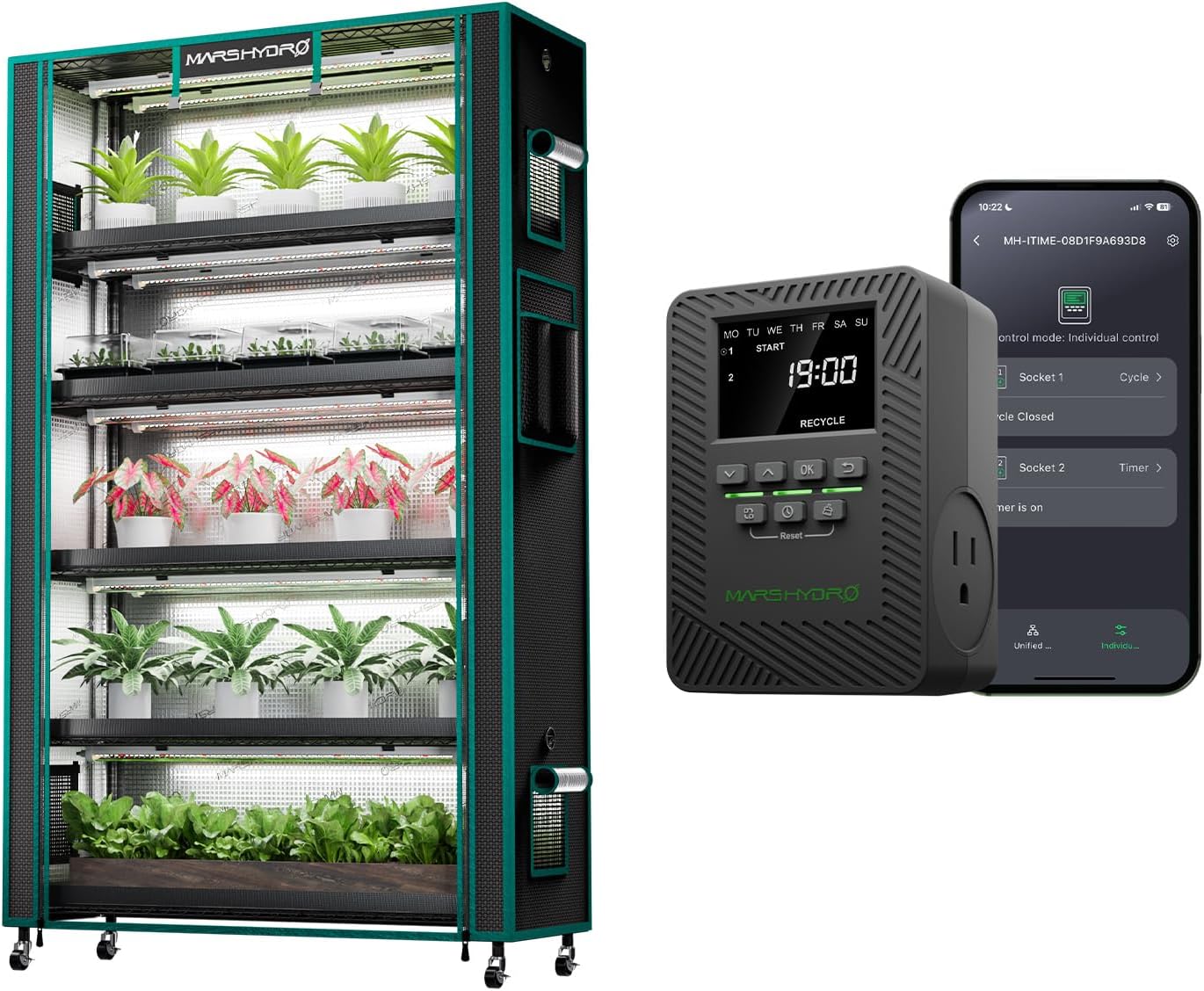 MARS HYDRO 2025 Plant Stand with Grow Lights,6-Tier Plant Shelf with 10 Full Spectrum LED Lamps (225W, 3ft) & Grow Tent +2025 MARS Hydro ITime 2-in-1 Smart Timer