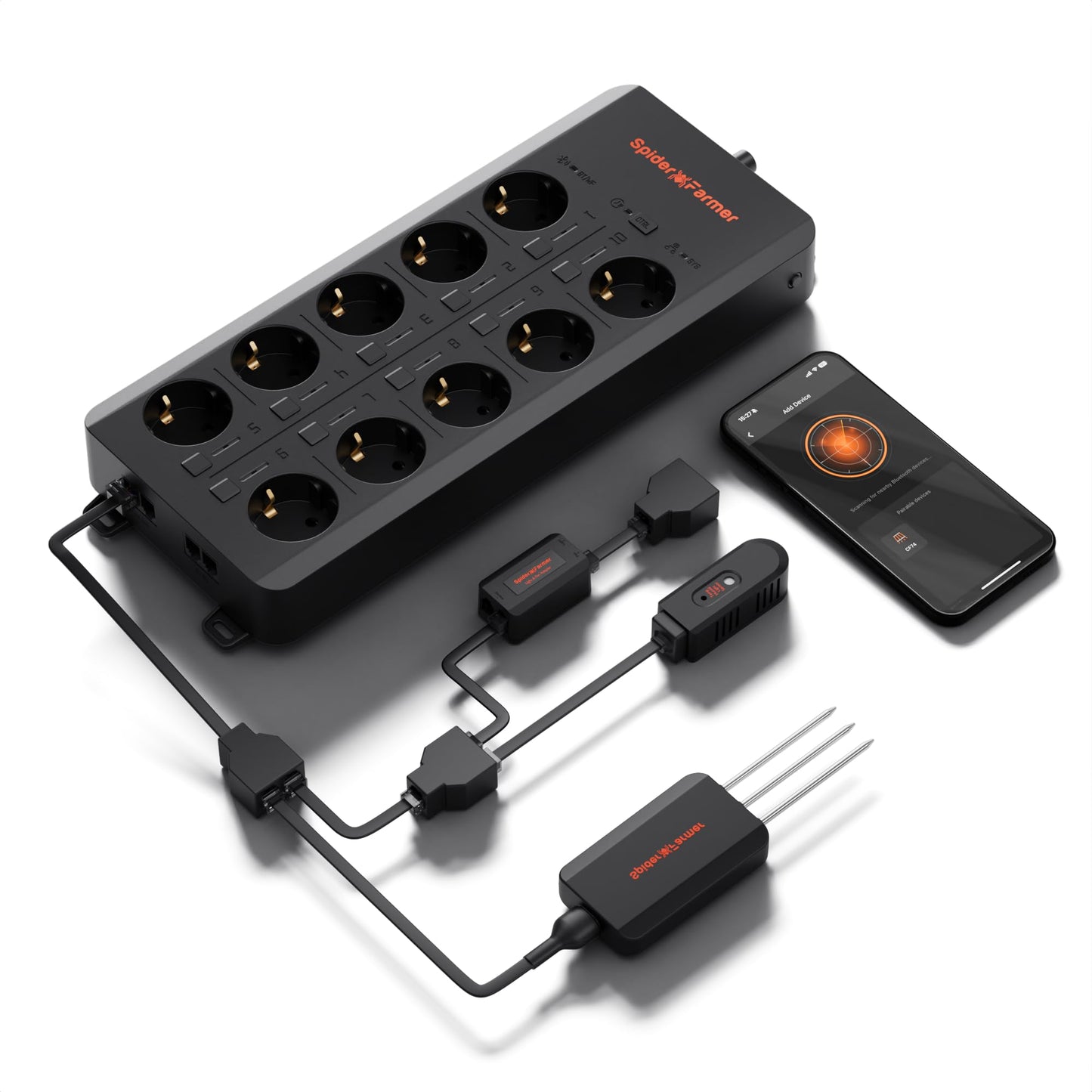 Spider Farmer GGS AC5 Power Strip Kits, 5 AC Smart APP-Based Controls Outlets, 3 in 1 Soil Sensor, Temp Humid Light Sensor, for Indoor Grow Tent and Room