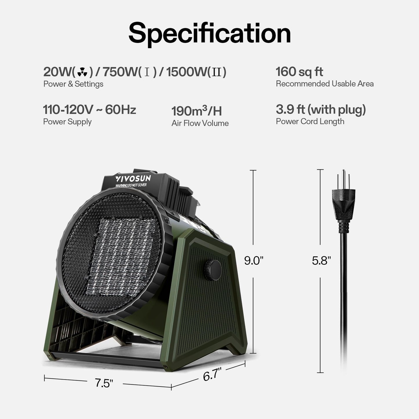 VIVOSUN Portable Greenhouse Heater with Adjustable Thermostat, 750W/1500W Electric Heater, 3 Modes for Fast Heating, Overheat Protection, Dustproof Design for Grow Tents, Patios & Outdoors