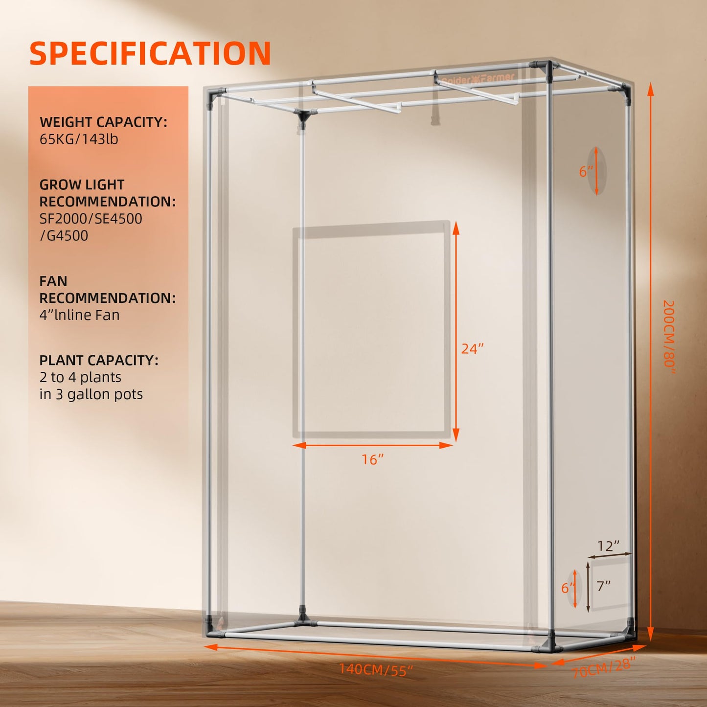 Spider Farmer Pro Series 4.6x2.3x6.6 Grow Tent, 55"x28"x80" with Roll-up Door, Observation Window Floor Tray, 2000D Thicken Mylar Canvas, 4x2 for Hydroponic Indoor Growing for SF2000, SE4500, G4500