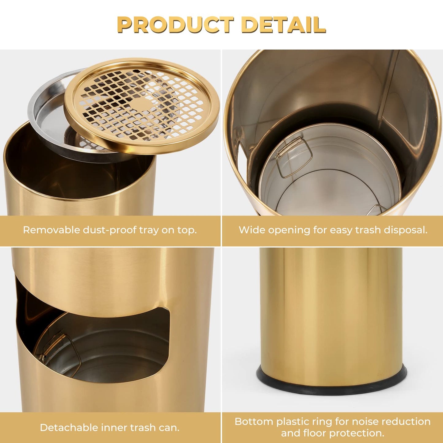 Trash Can Outdoor Waste Container Square Stainless Steel Trash Can with Removable Inner Bucket for Disposal Commercial Waste Container 9.45‘’ x 9.45‘’ x 24.02‘’-Black