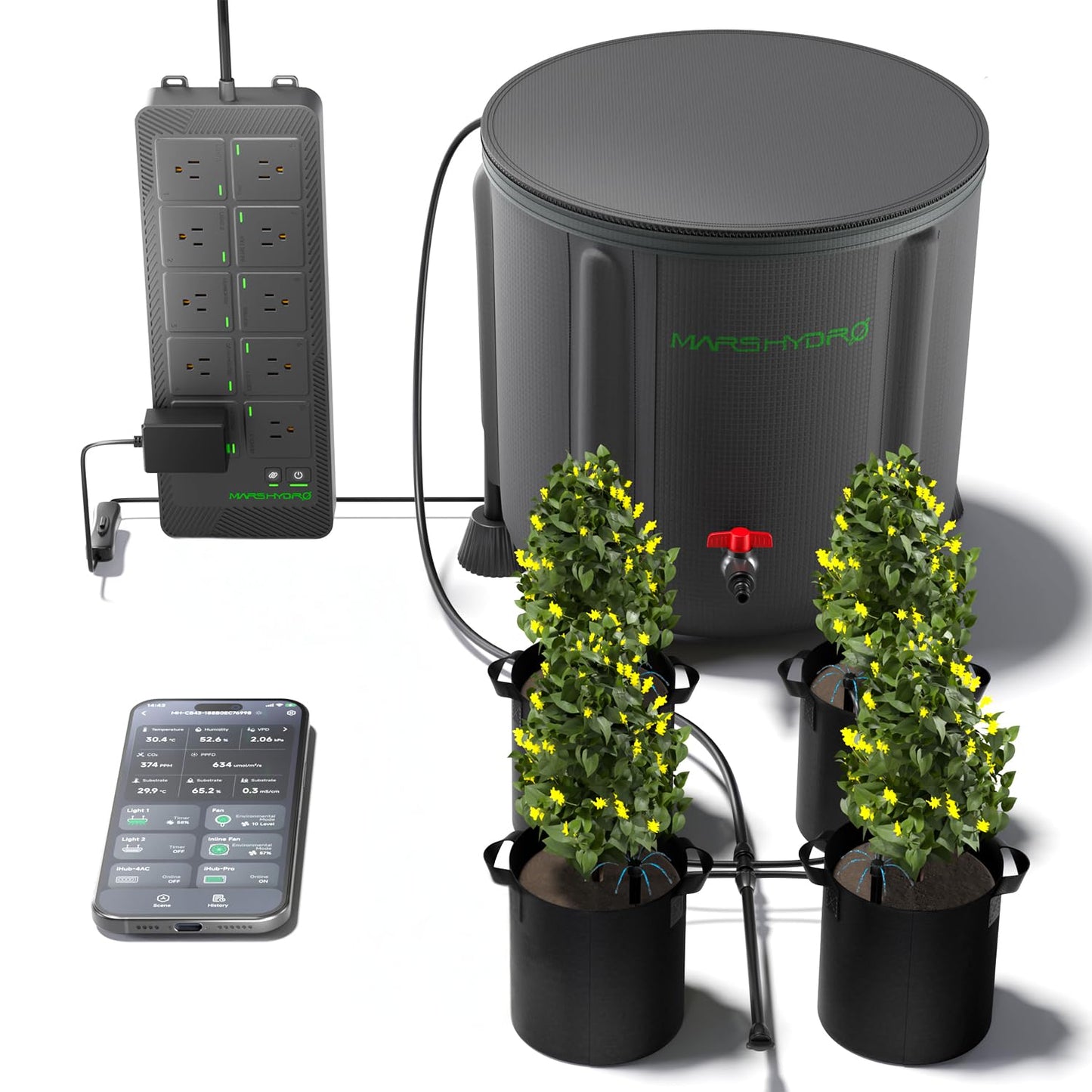 MARS HYDRO Auto Drip Irrigation Kits with iHub-Pro, Smart 10AC Power Strip Kit 10-Outlet All-in-One Grow Room Hub