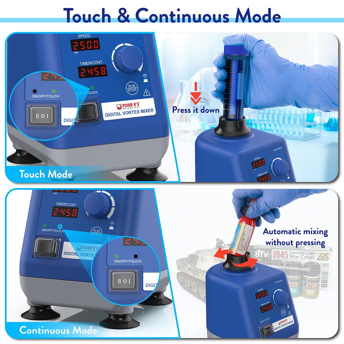 FOUR E'S SCIENTIFIC Laboratory Vortex Mixer Various Speed 0-3000rpm, Touch & Continuous Function - Vortex Shaker Mixer Test Tubes Acrylic Paints Ink