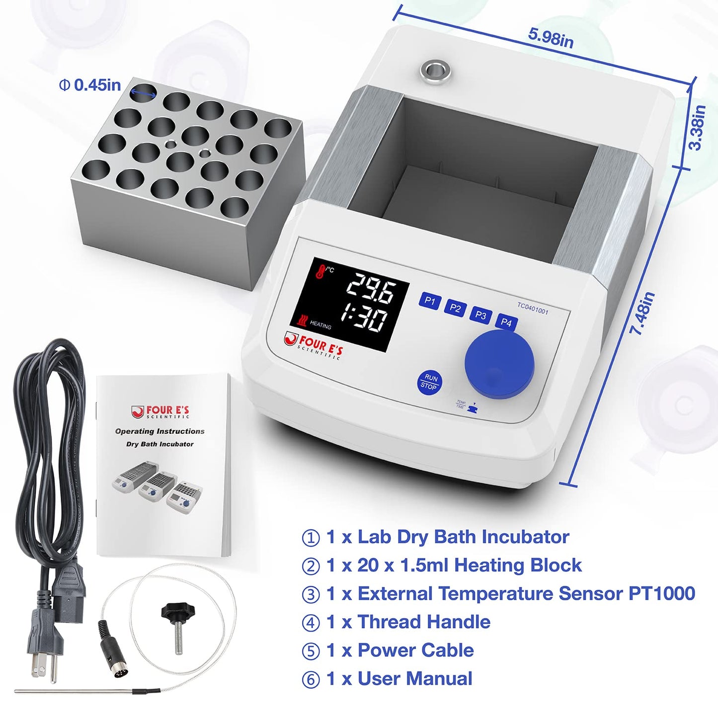 FOUR E'S SCIENTIFIC Digital Dry Bath Incubator with 20 x 1.5ml Heating Block & Temperature Sensor, Up to 302℉/150°C, LED Display, High Temperature Precision, Timing Control for Laboratory