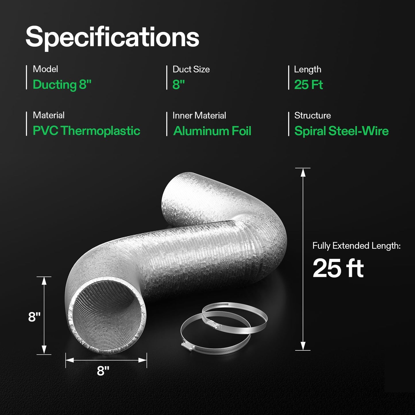 VIVOSUN 4 Inch 25 Feet Flex Air Aluminum Duct for Ventilation, 2 Clamps Included, Long Heavy-Duty Multi-Layer Dryer Hose Vent Kit, Duct Fan Systems